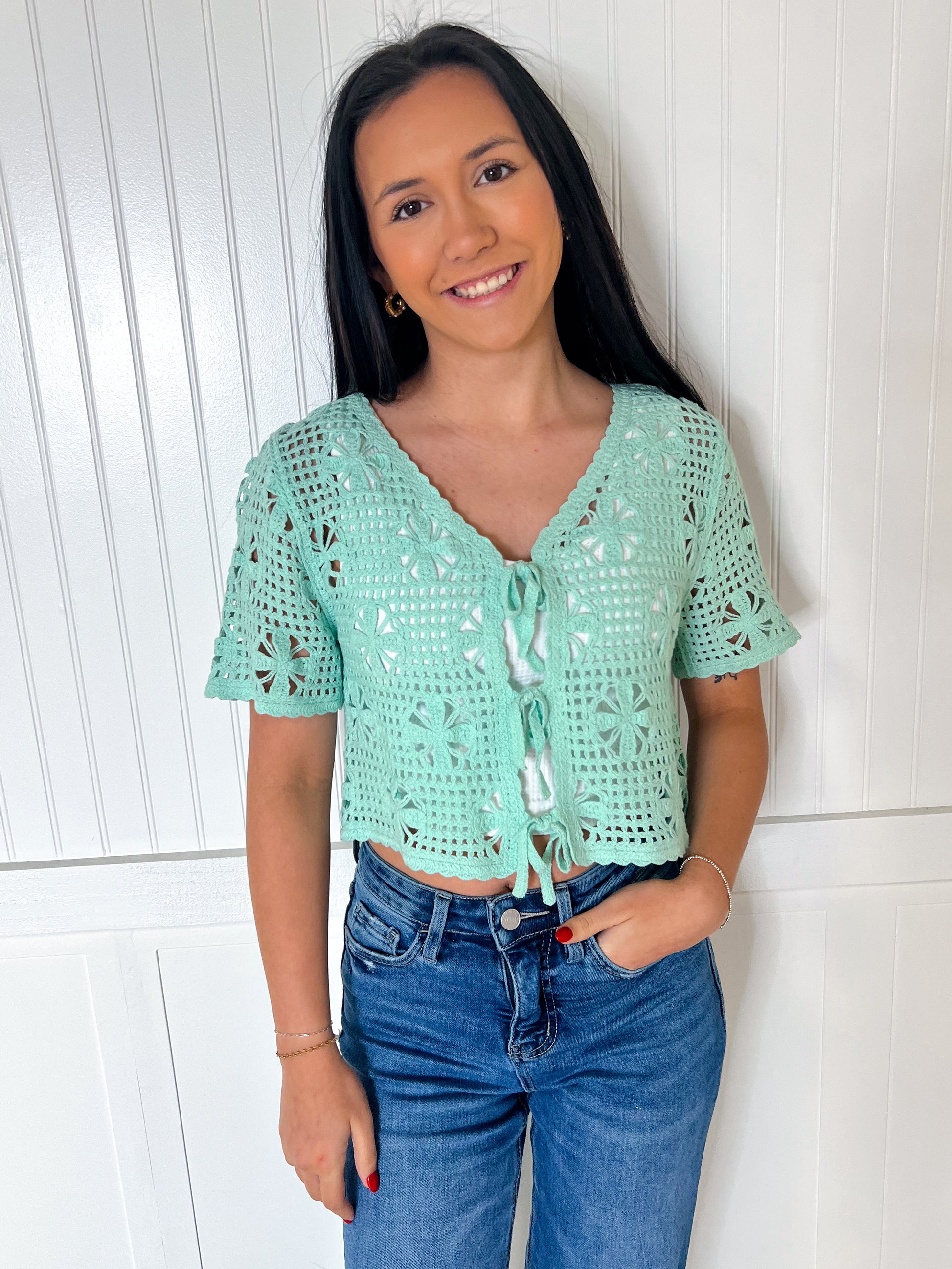Khari Front Tie Crochet Casual Crop Top - Mint-VERY J-07/24/25,1st md,Bin B4,FD 06/17/25,OGP 24,Tops Collection-The Twisted Chandelier