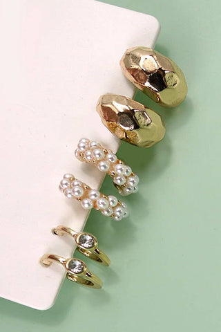 TRIO PEARL DIAMOND CUT HUGGIE HOOP EARRINGS | 80E3935-JOSSLYN by wall to wall-The Twisted Chandelier