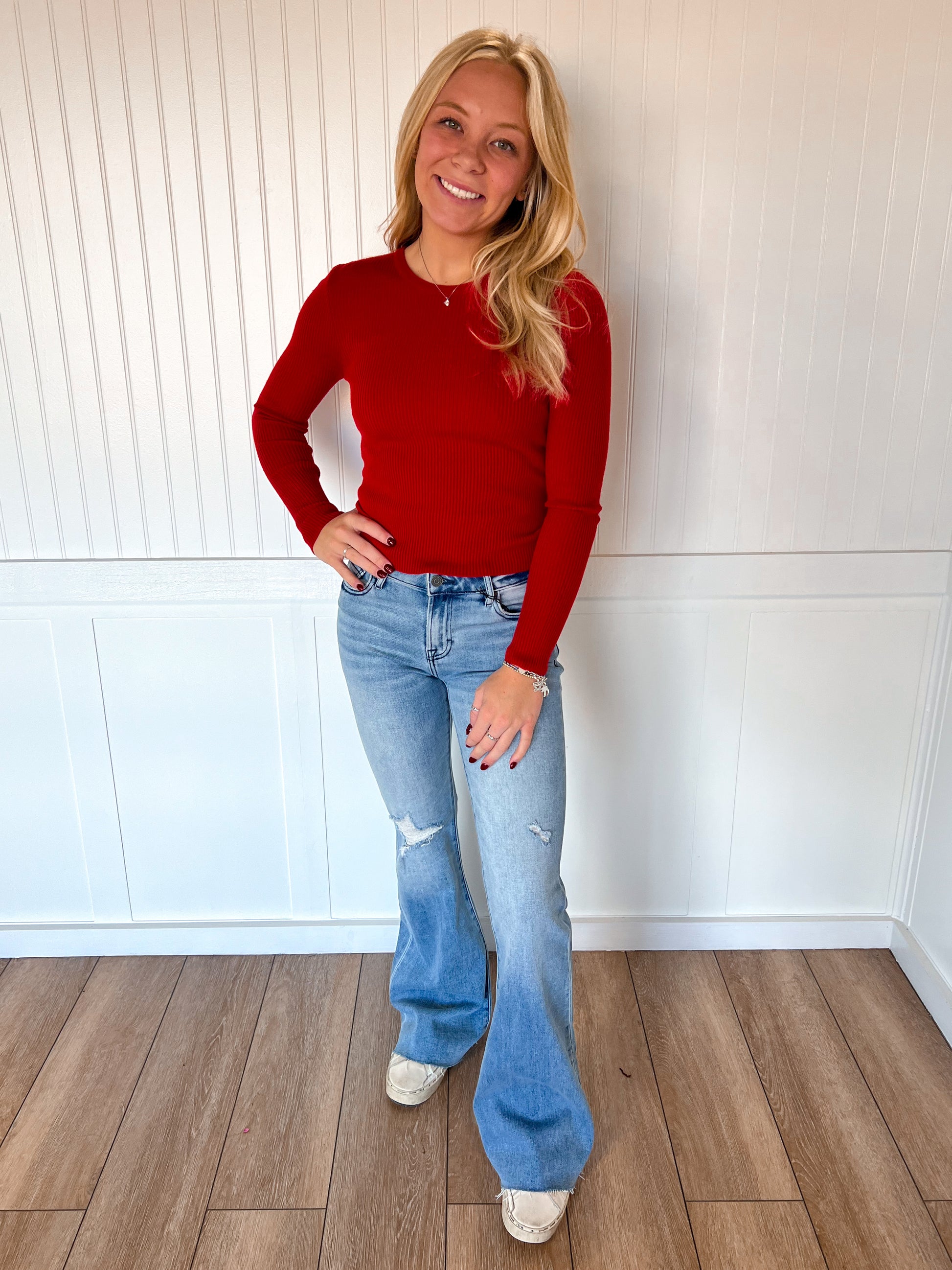 Coraline Long Sleeve Crew Neck Viscose Rib Sweater - Red-Active Basic | Active USA-The Twisted Chandelier