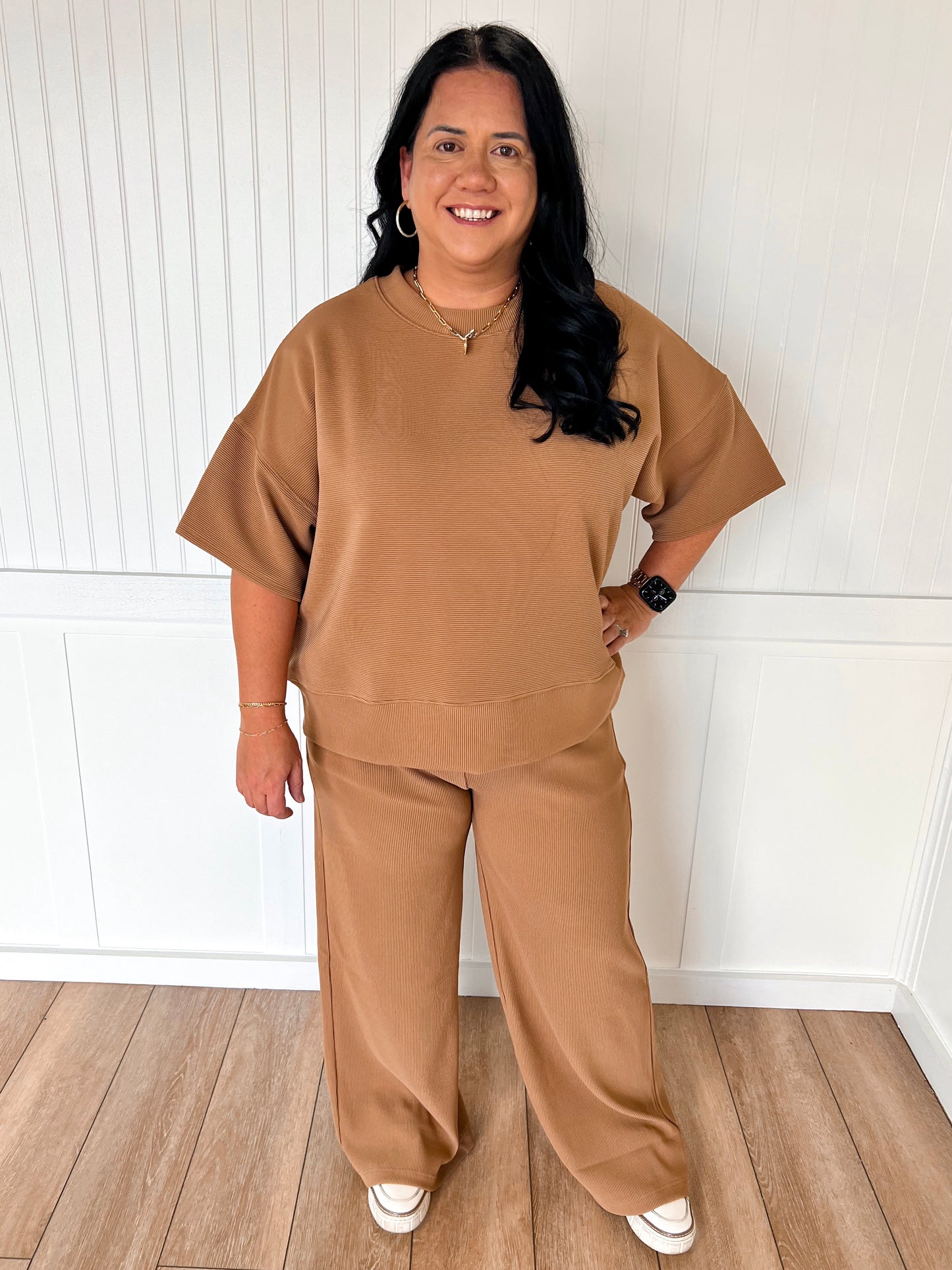 Jovie Ribbed Round Neck Tee & Pants Set – Soft Knit Two-Piece Lounge Outfit - Deep Camel-Outfit Sets-Zenana-FD 11/6/25-The Twisted Chandelier