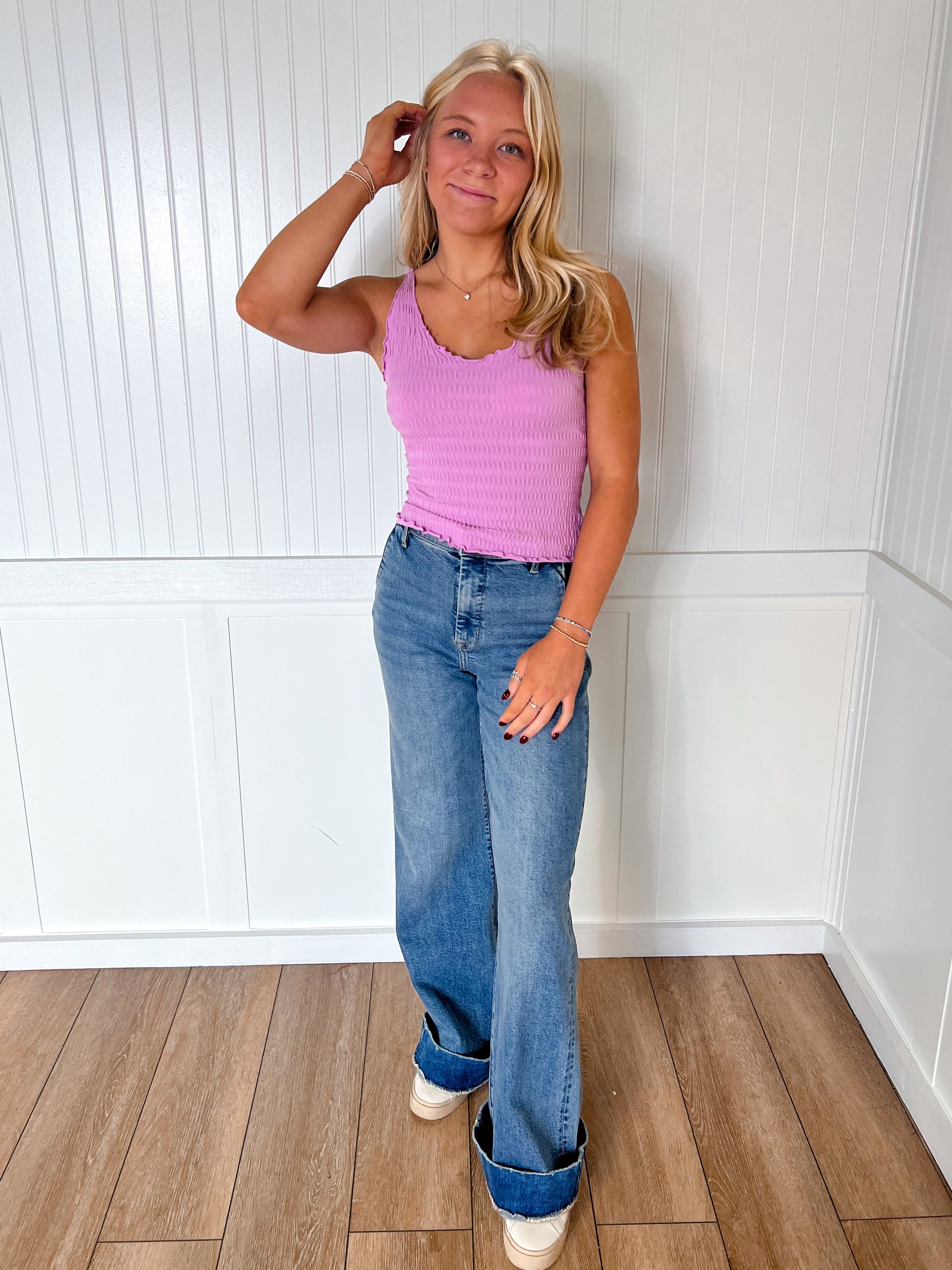 Saylor Lettuce Hem Stretchy Knit Sleeveless Top - Orchid-VERY J-Bin B5,FD 07/15/25,OGP 24.99,Tops Collection-The Twisted Chandelier