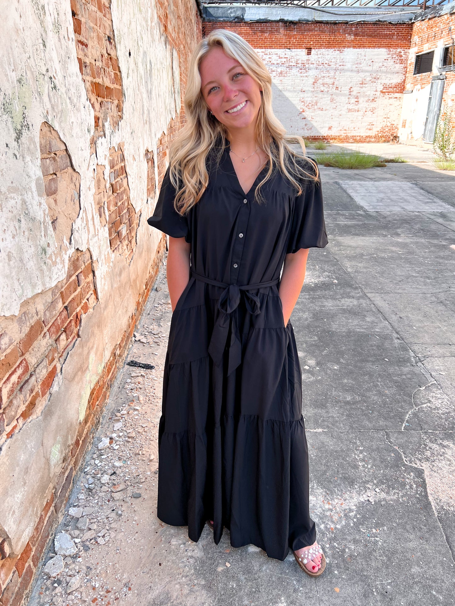 Kinsley Solid V-Neck Puff Sleeve Button Down Midi Dress - Black-Midi Dress-Entro-bin c3, CR 08/21/24-The Twisted Chandelier