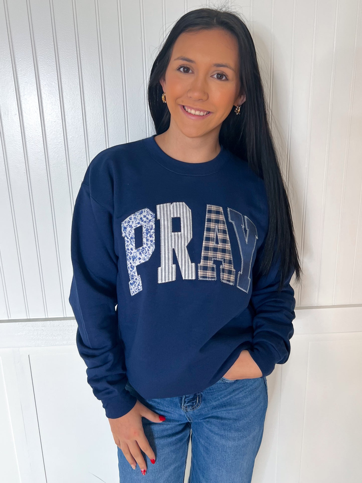 Pray Navy Faith Sweatshirt -Shop Southern Belle-Tops Collection-The Twisted Chandelier
