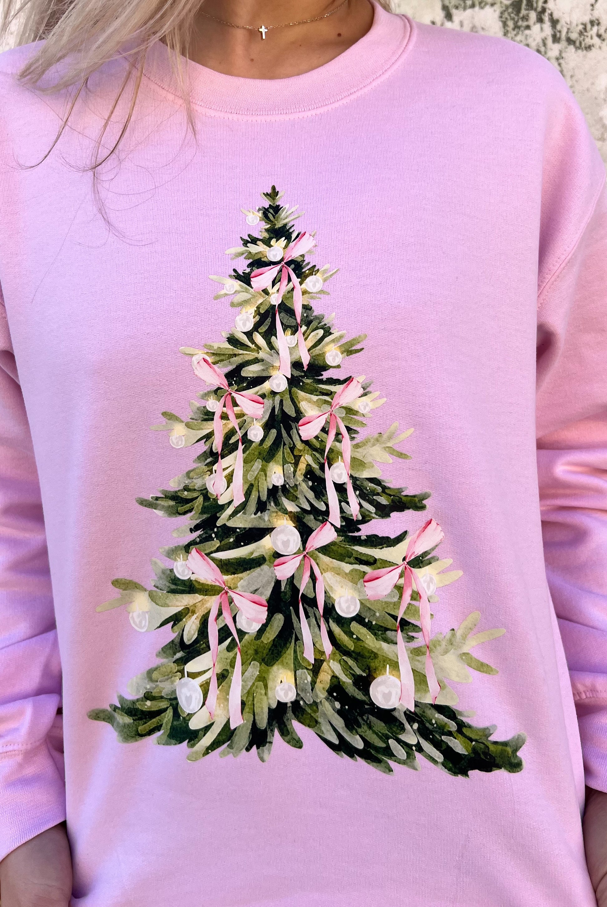 Pink Bow Christmas Tree Sweatshirt-Sweatshirt-Spirit+Tribe-FD 12/03/24, Tops Collection-The Twisted Chandelier