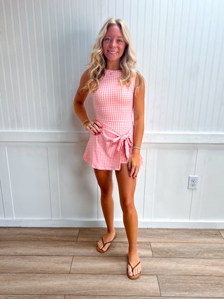Millie Gingham Print Sleeveless Wrap Tie Front Dress