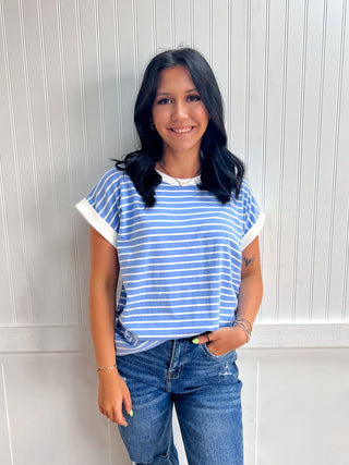 Carly Contrast Trim Cap Sleeve Stripe Tee-Top-Zenana-FD 05/26/26,Tops Collection-The Twisted Chandelier
