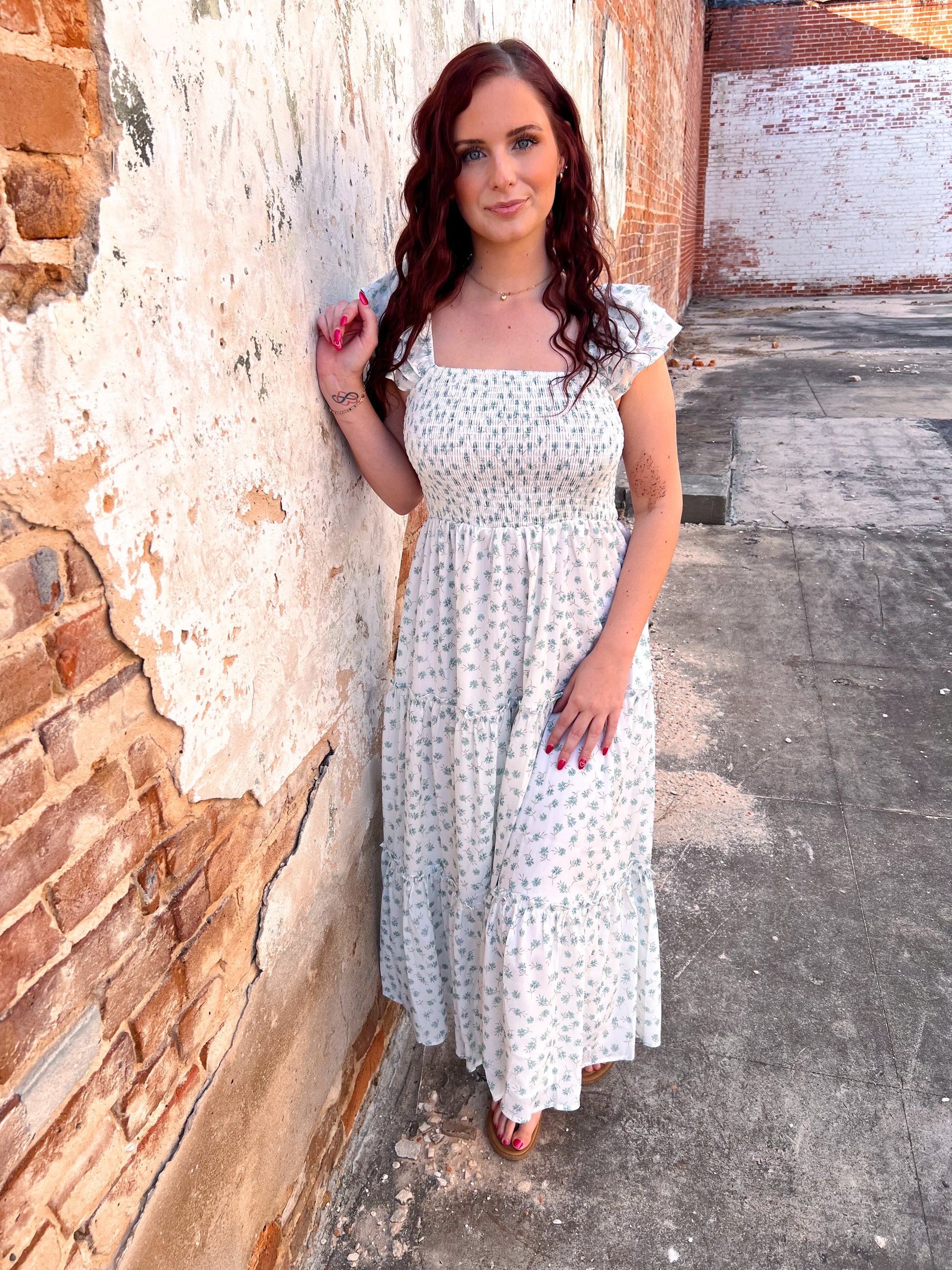 Etta Chiffon Floral Smocked Midi Dress With Ruffled Sleeves-Dresses-in february-Bin d2,DJR,FD 05/27/25-The Twisted Chandelier