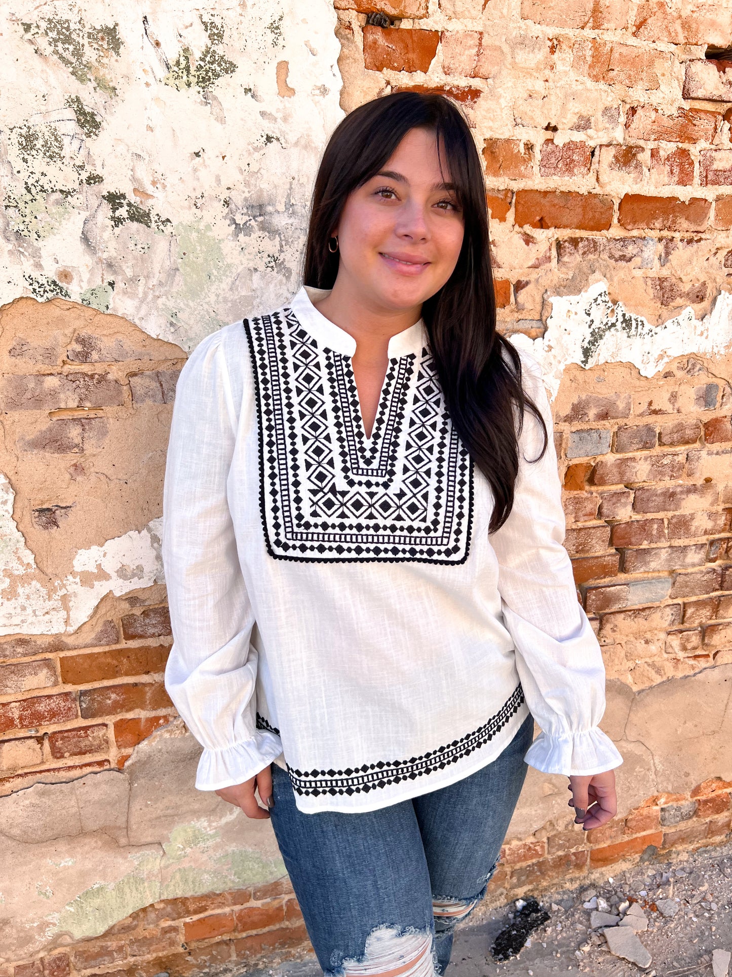 Judy Geometric Embroidered Ivory Top-Dolman Top-Andree-05/15/24, 1st md 6/28, 2nd md, Max Retail, md 7/30, Mystery l -GK2, Mystery Medium - 811X, Mystery Small - HJT7, T11286-The Twisted Chandelier