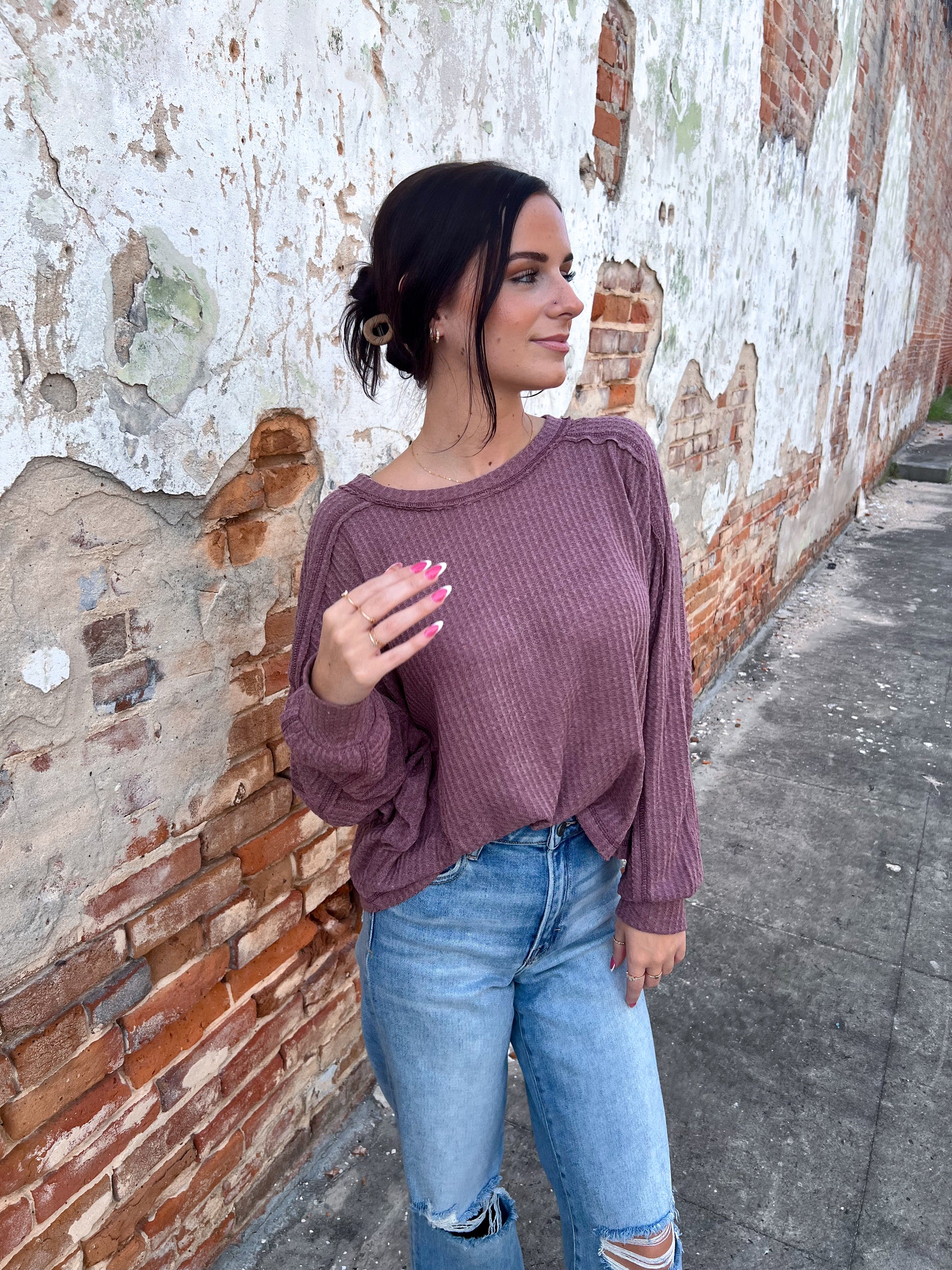 Everly Brushed Waffle Fabric Loose Fit Long Sleeve Top-La Miel-Bin d5,FD 8/5/25,HAT7565,Tops Collection-The Twisted Chandelier