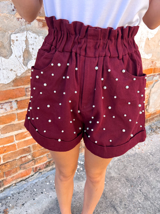 Paper Bag Shorts With Pearl Trim-Shorts-Fantastic Fawn-03/26/25,Bin C3,bottoms,gameday,IFP51932,Max Retail,not on the floor only in the bins,OGP 57.99-The Twisted Chandelier
