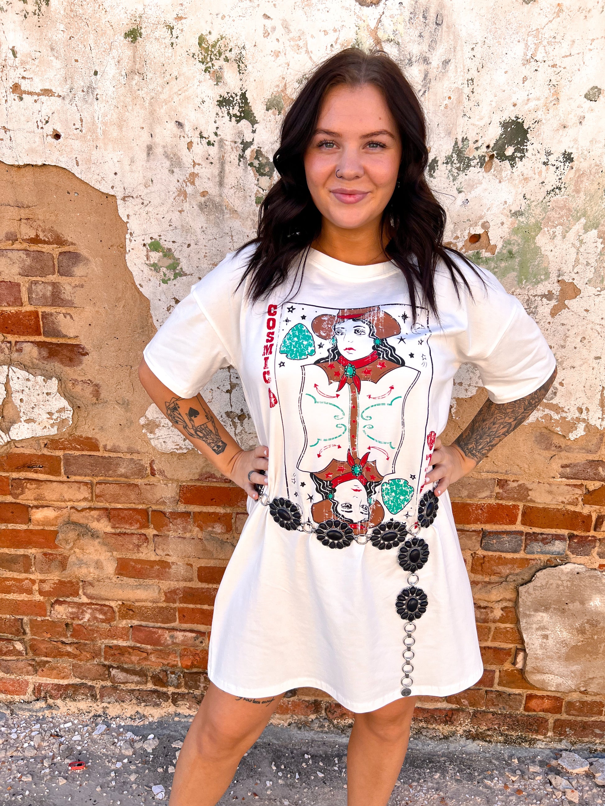 Cosmic Cowgirl On White Tee-Dress-Southern Grace Wholesale-8/8/23, BIN B4, Max Retail-The Twisted Chandelier