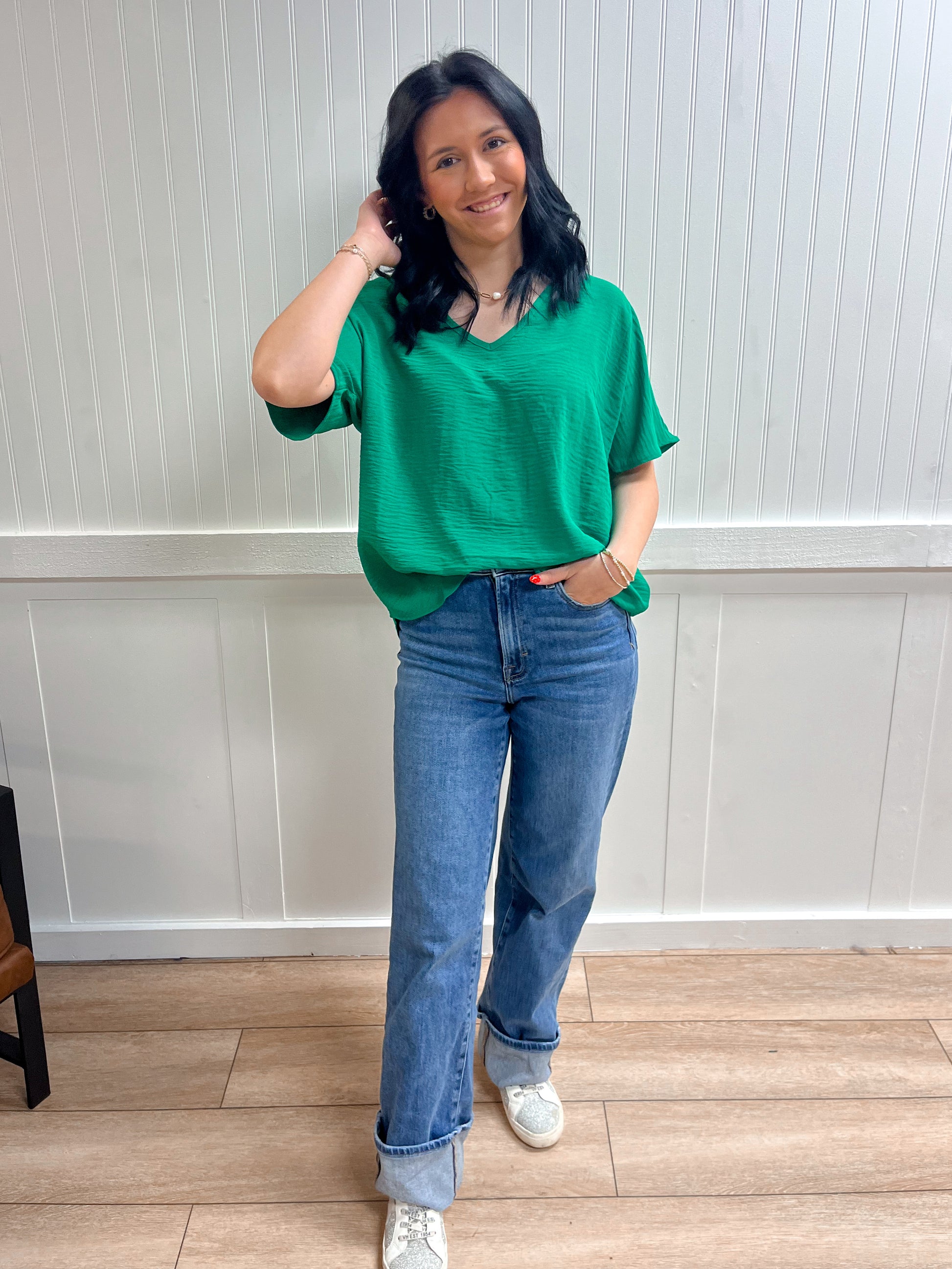 Brynn Woven Airflow V-Neck Short Sleeve Top - Kelly Green-ZENANA-Tops Collection-The Twisted Chandelier