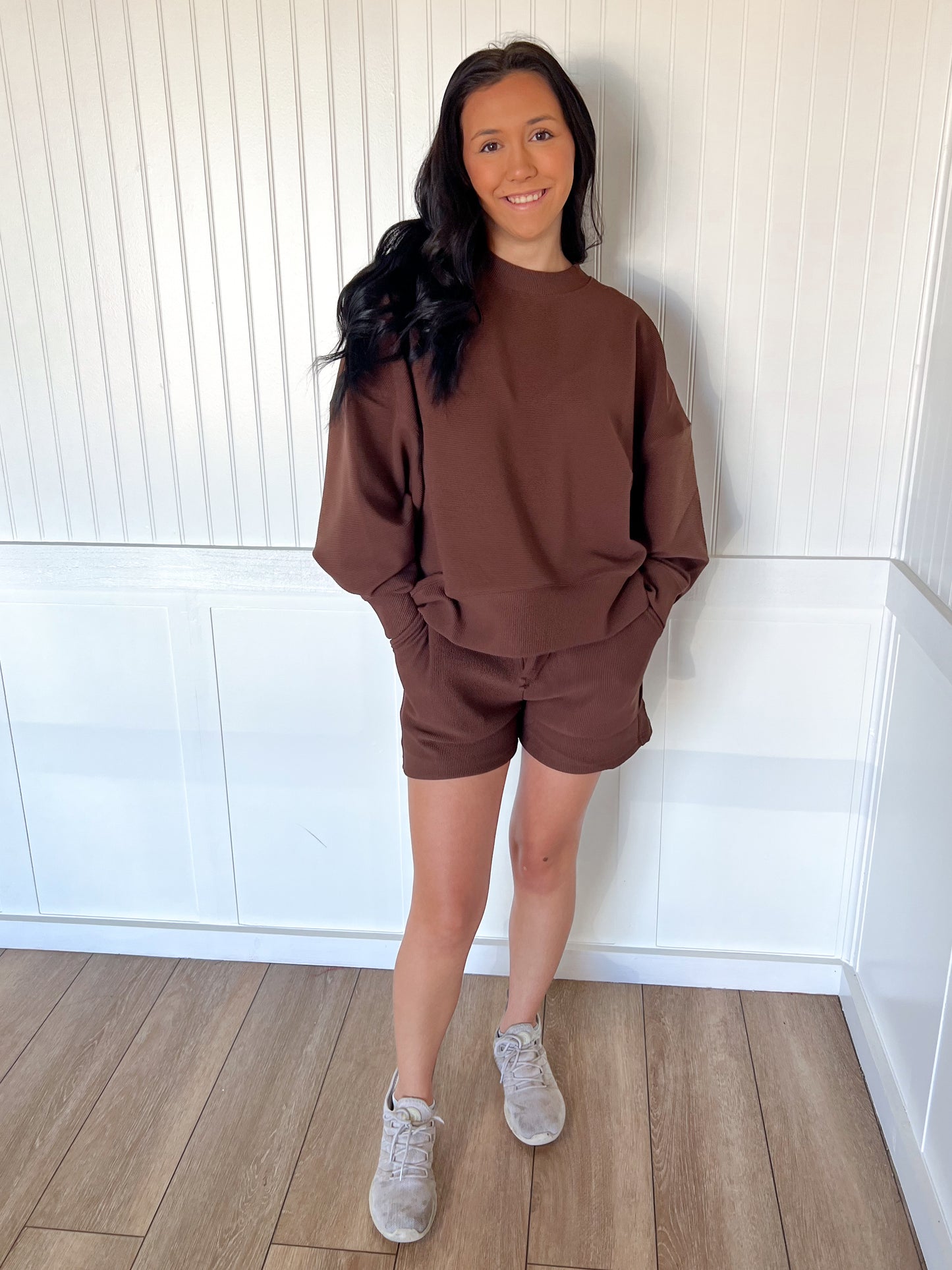 Nila Ribbed Round Neck Pullover and Short Set - Brown-Zenana-The Twisted Chandelier