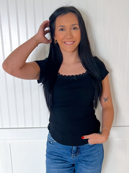 Maven Lace & Bow Trim Ribbed Knit Top - Black-VERY J-Bin B4,FD 8/5/25,OGP 32.50,Tops Collection-The Twisted Chandelier