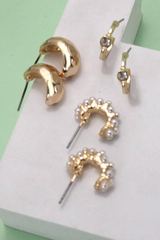 TRIO PEARL DIAMOND CUT HUGGIE HOOP EARRINGS | 80E3935-JOSSLYN by wall to wall-The Twisted Chandelier