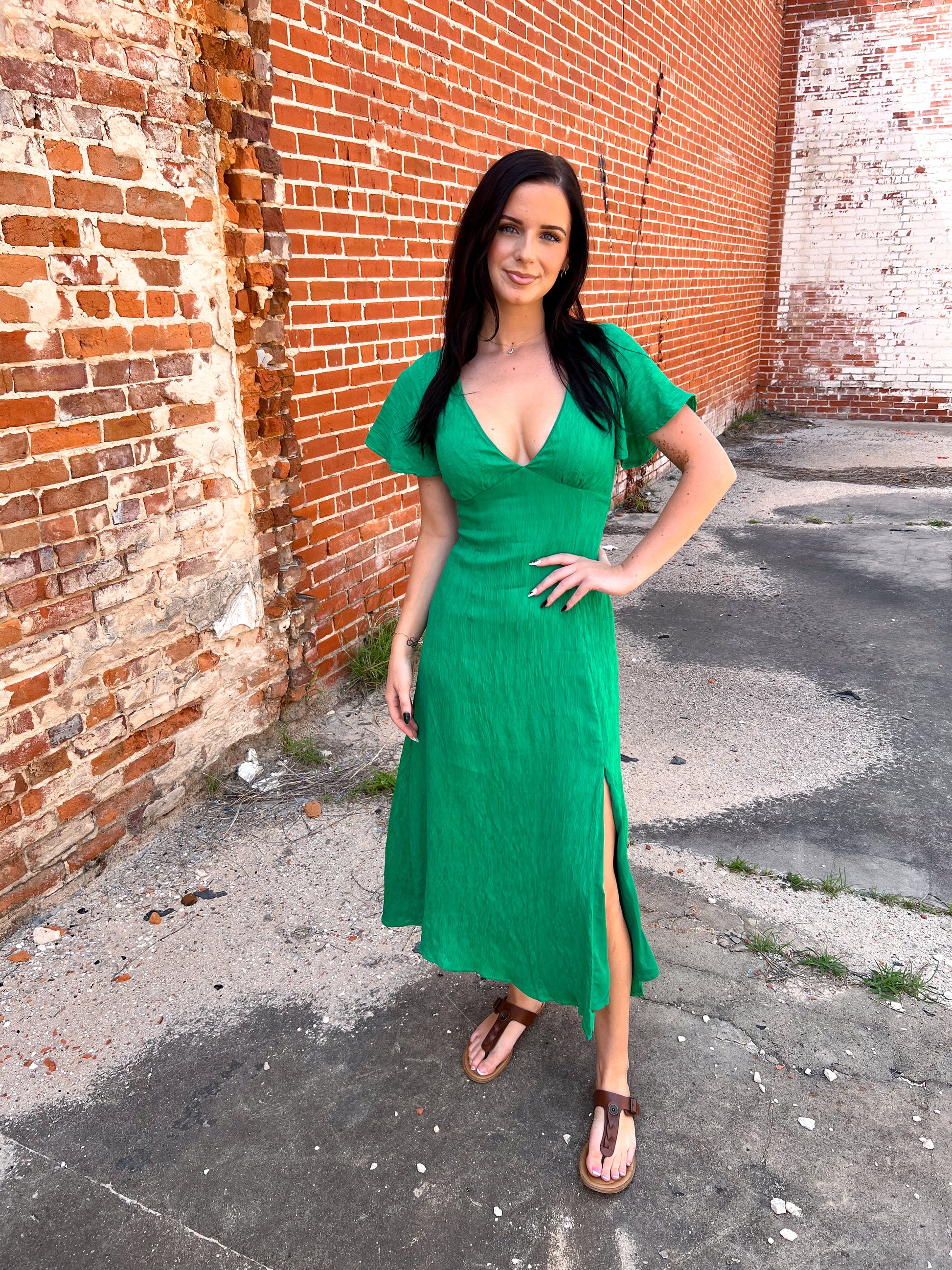 Viviana Long Green V-Neck Dress-Dresses-B. right-12/02/24,1st md,Bin B3,CLD311097,DJR,Fd 05/21/24-The Twisted Chandelier