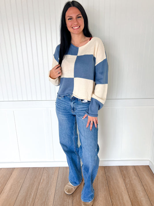 Paige Checkered Sweater Loose Fit Rolled Hem Sweater-La Miel-Bin a1,FD 09/09/25,Sweater,Tops Collection-The Twisted Chandelier