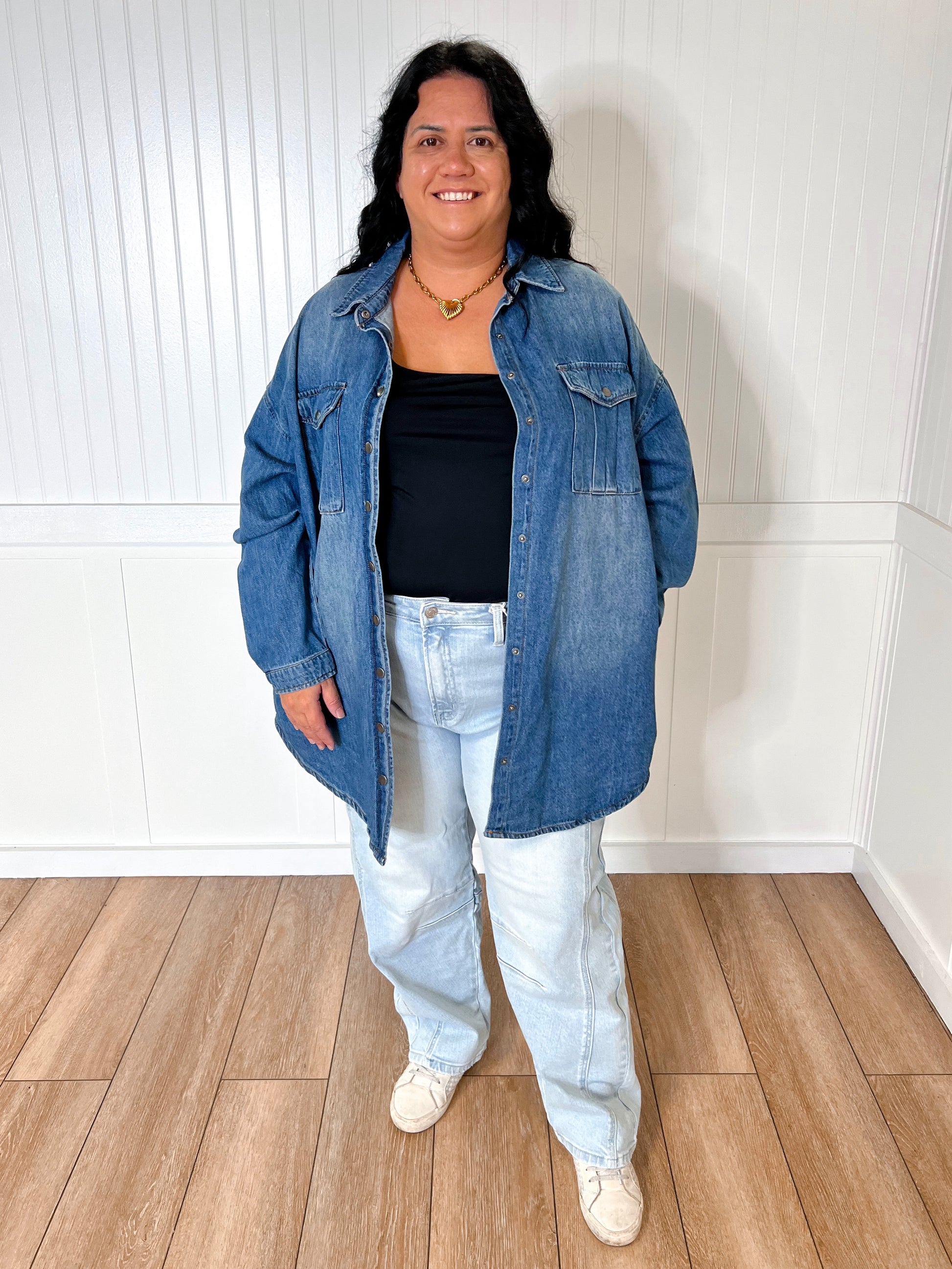Jolie Ultra Lightweight Oversized Medium Wash Denim Shacket-Coats & Jackets-Risen Jeans-BIN A2,FD 04/02/25,OGP 64.95-The Twisted Chandelier