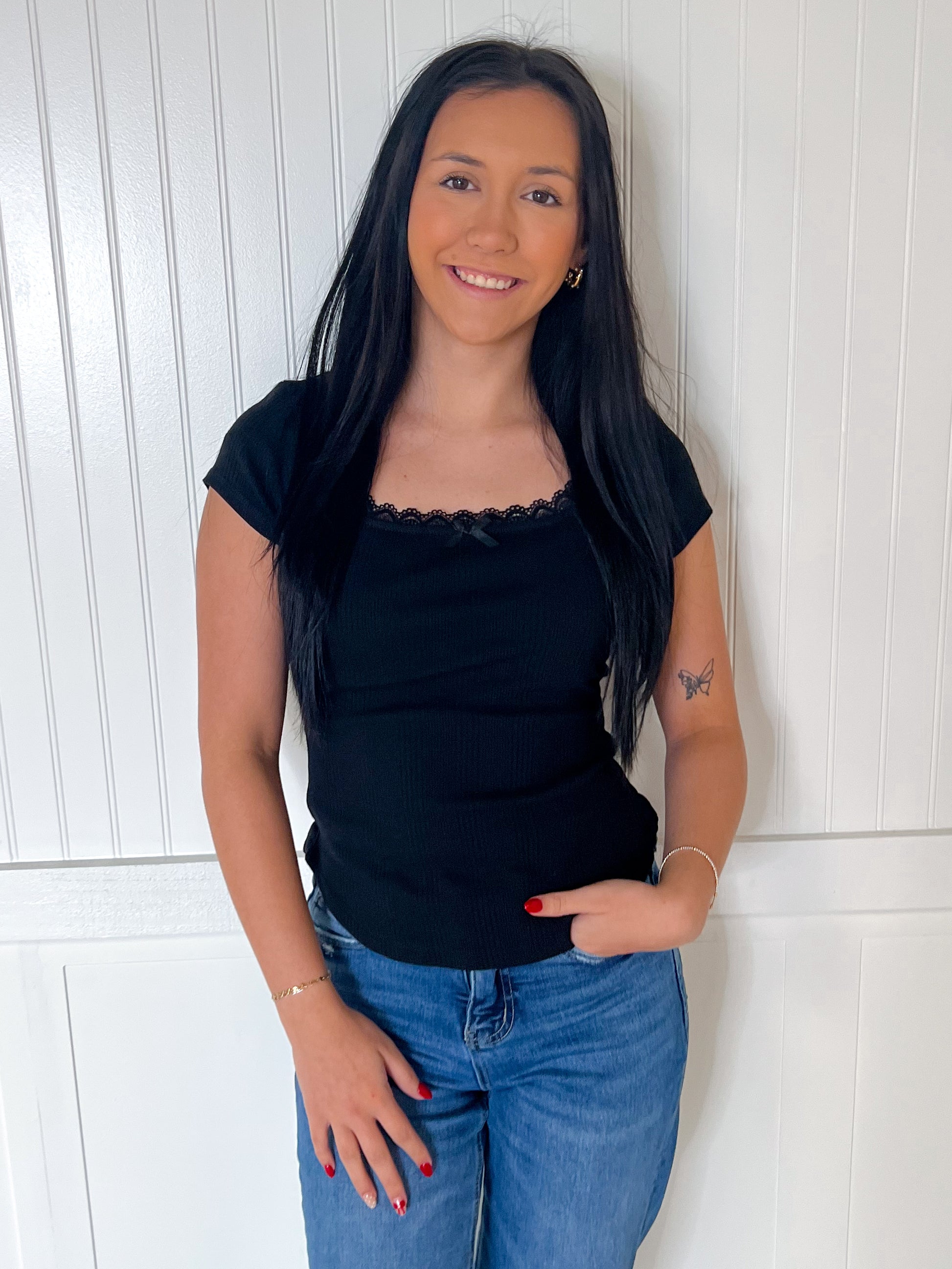 Maven Lace & Bow Trim Ribbed Knit Top - Black-VERY J-Bin B4,FD 8/5/25,OGP 32.50,Tops Collection-The Twisted Chandelier