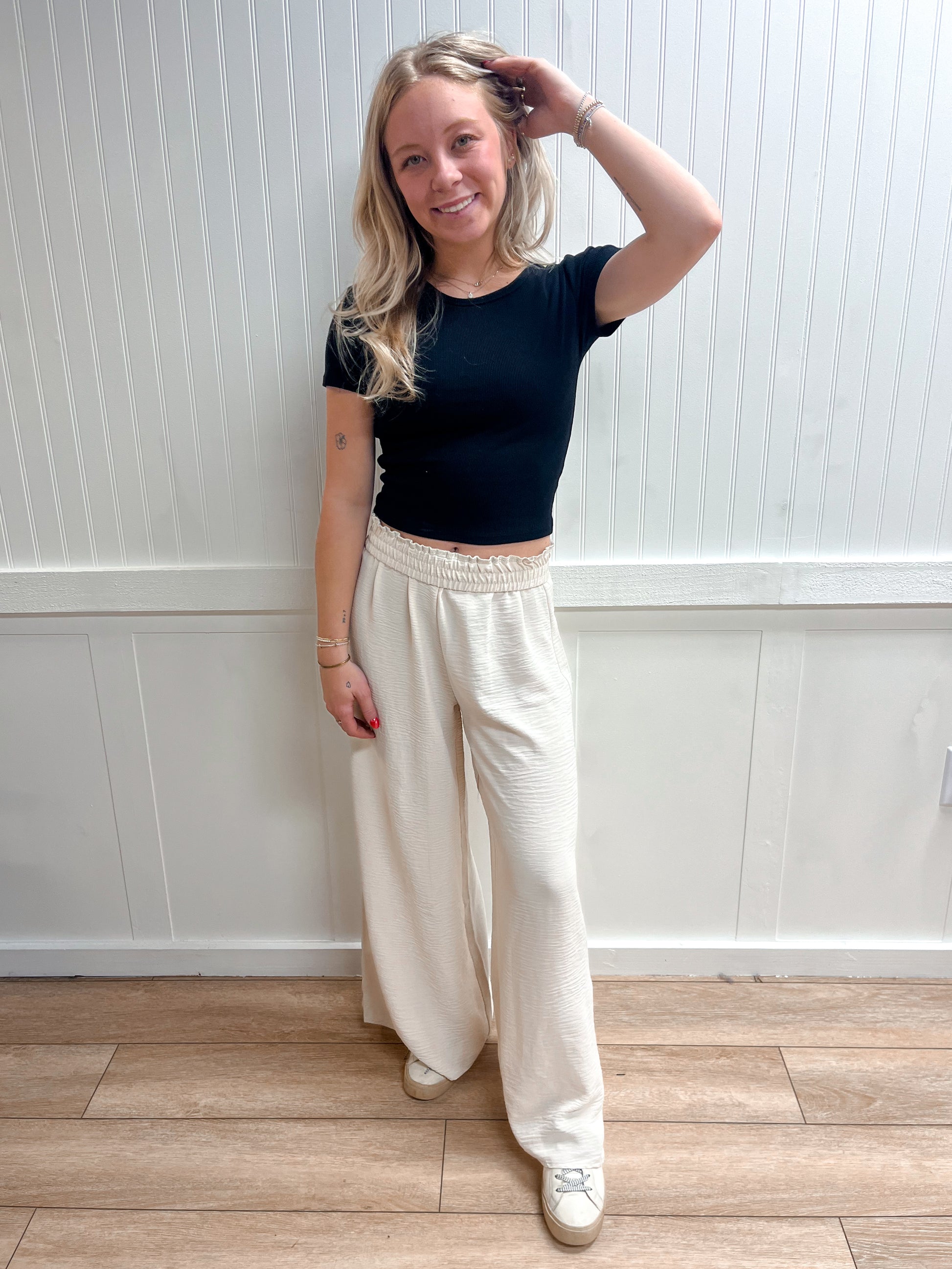 Wren Woven Airflow Elastic Waistband Pants - Sand Beige-ZENANA-bottoms-The Twisted Chandelier