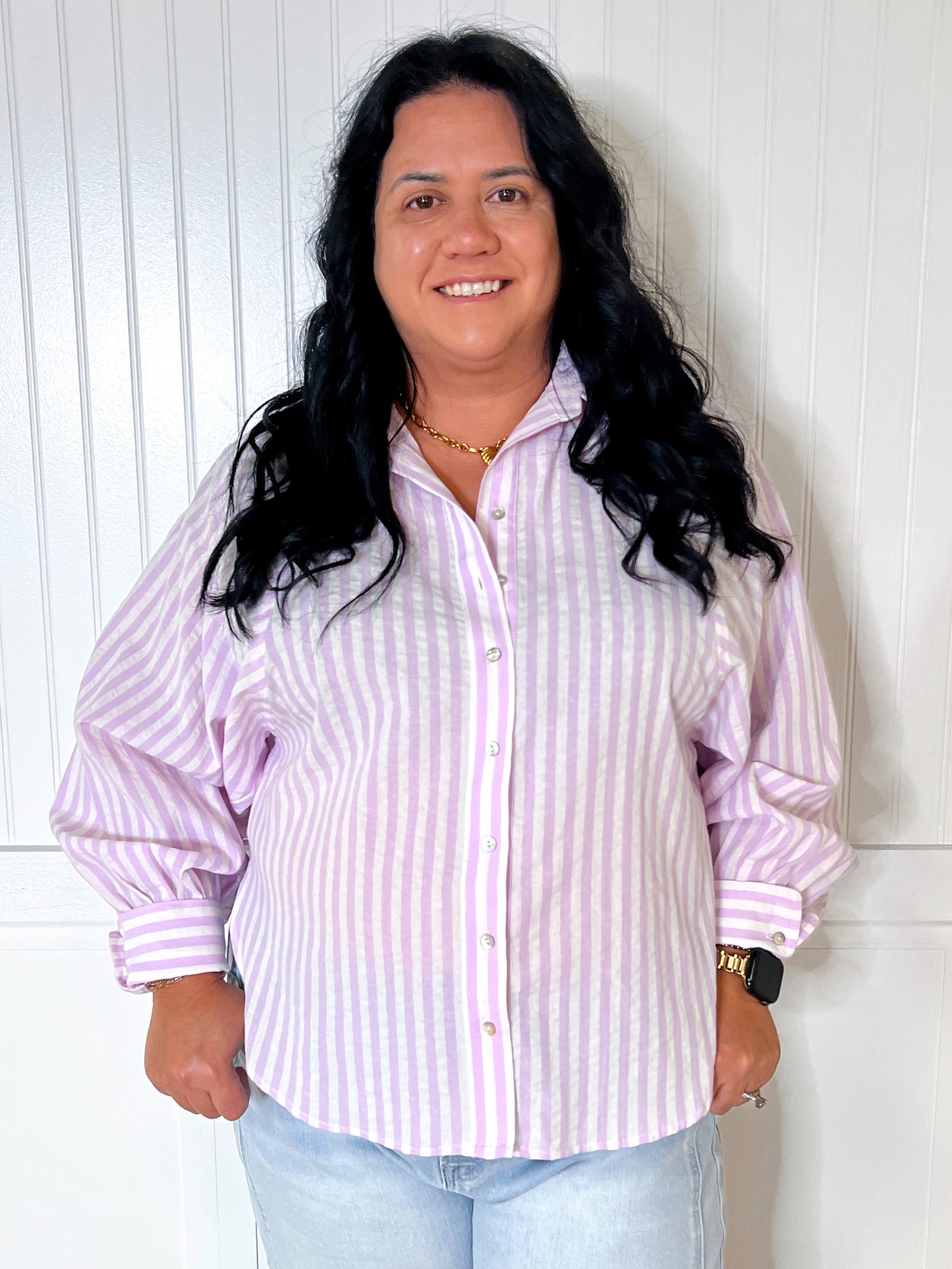 Blayne Button Down Cotton Lavender Striped Shirt-in february-05/14/25,1st md,BIN D3,FD 02/18/25,Tops Collection-The Twisted Chandelier
