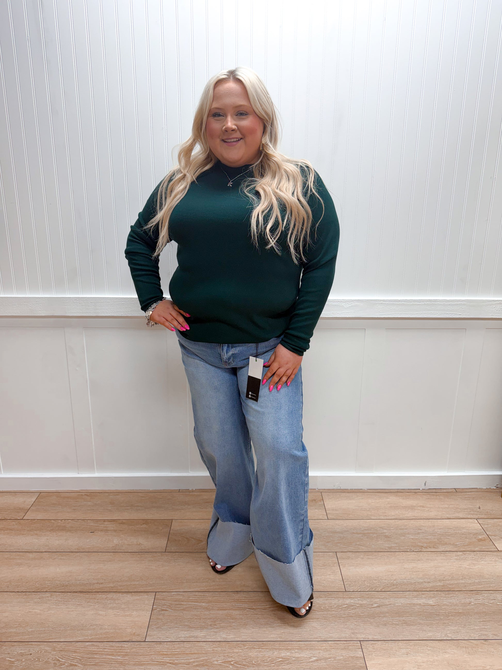 Lillian Mock Neck Long Sleeve Knit Sweater Top - Hunter Green - Plus-Sweater-blu pepper-02/10/26,03/02/26,BIN A 3,FD 12/09/24,FD 12/23/24,Tops Collection-The Twisted Chandelier
