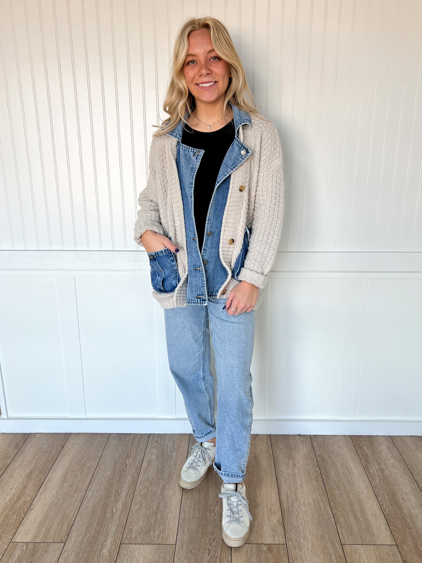 Adeline Knit Body Denim Layerd Jacket-Veveret-FD 12/22/25,Tops Collection-The Twisted Chandelier