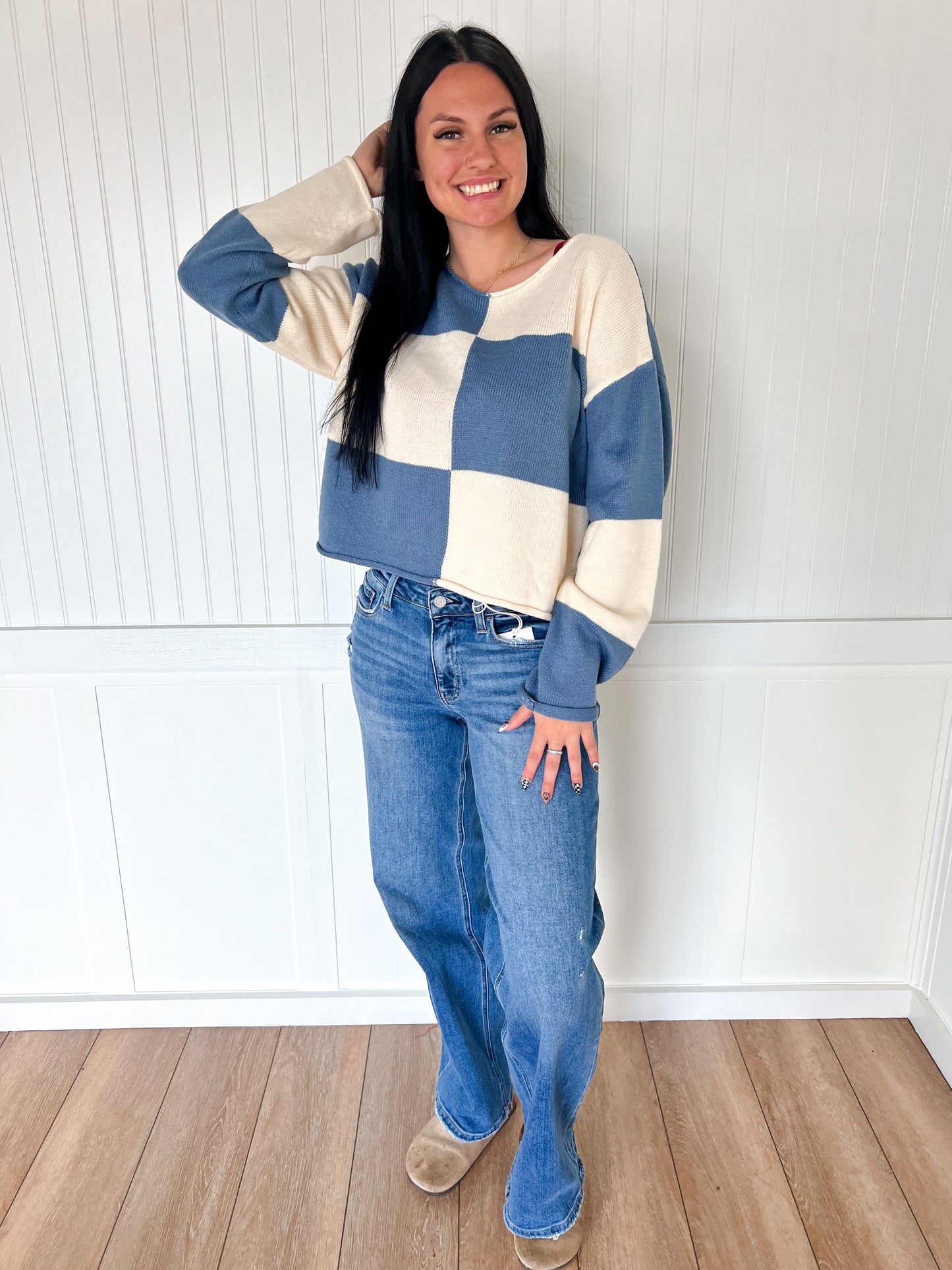 Paige Checkered Sweater Loose Fit Rolled Hem Sweater-La Miel-Bin a1,FD 09/09/25,Sweater,Tops Collection-The Twisted Chandelier