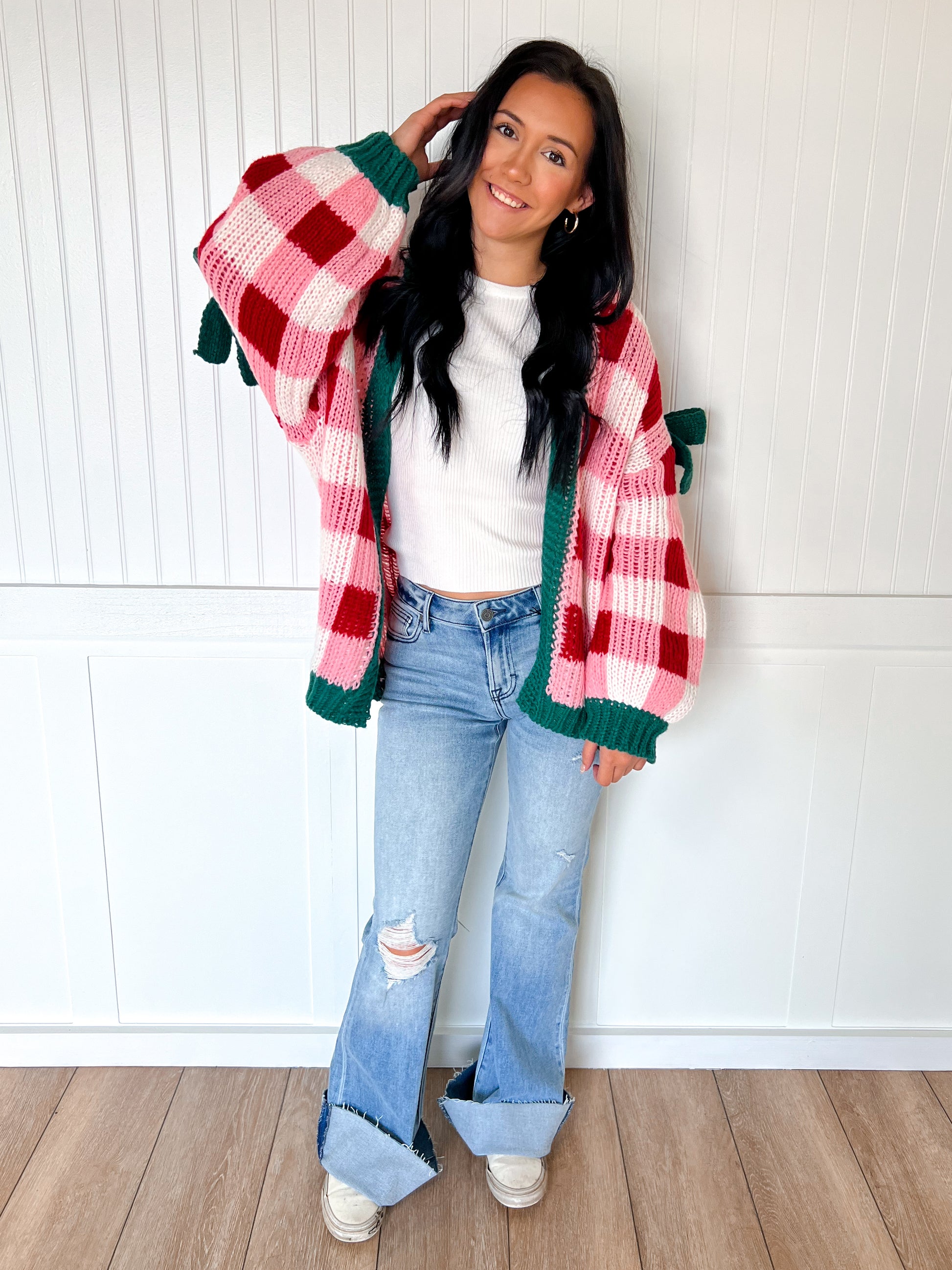 Tinsley Christmas Checkered Open Front Cardigan with Ribbon Sleeve Detail-Cardigan-BiBi-FD 11/6/25-The Twisted Chandelier