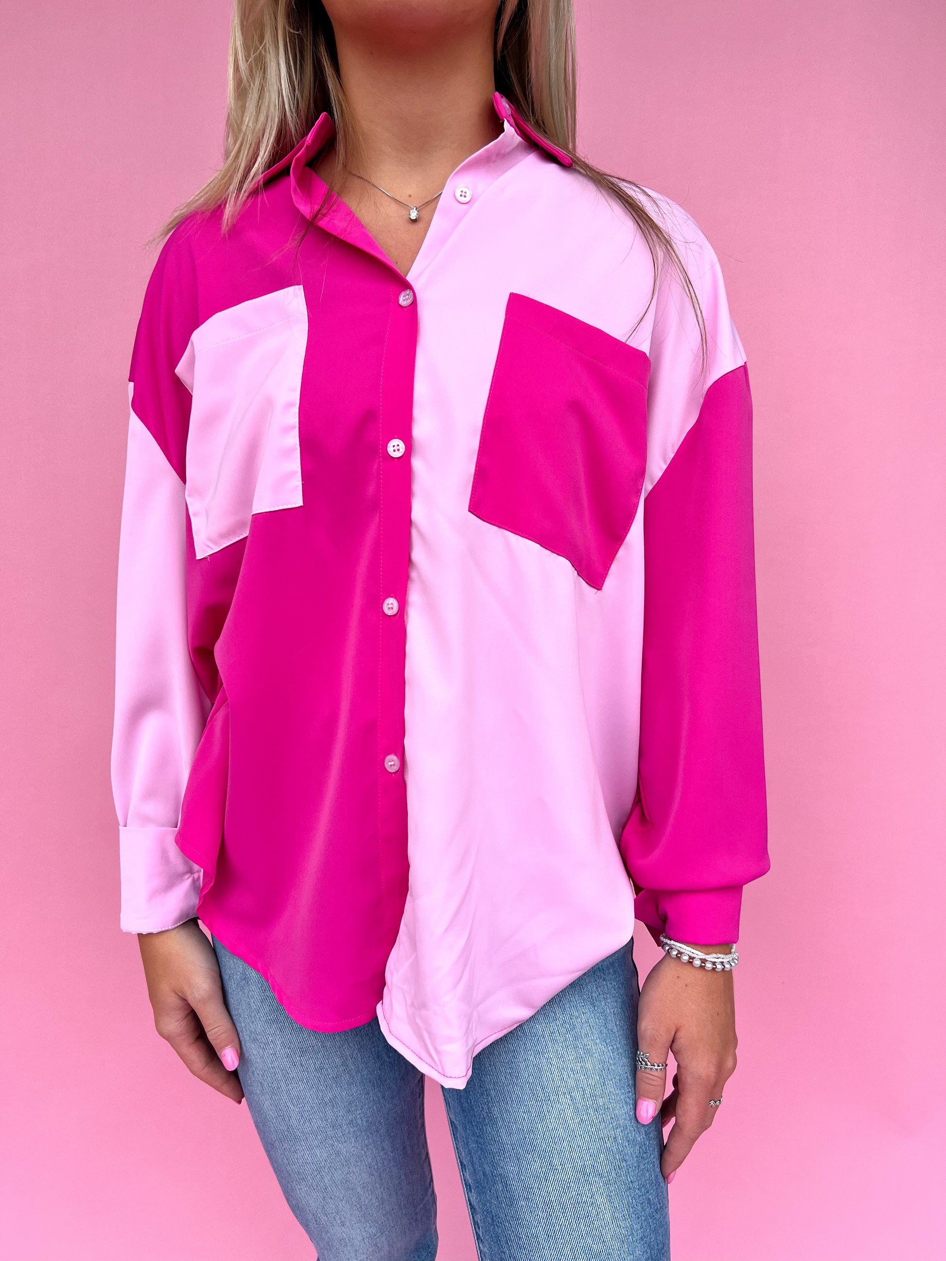 Pink Color Block Button Up Top-TOP-Southern Grace Wholesale-7660-CC-PINK,Tops Collection-The Twisted Chandelier