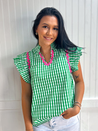 Eloise Check Print Flutter Sleeve Top