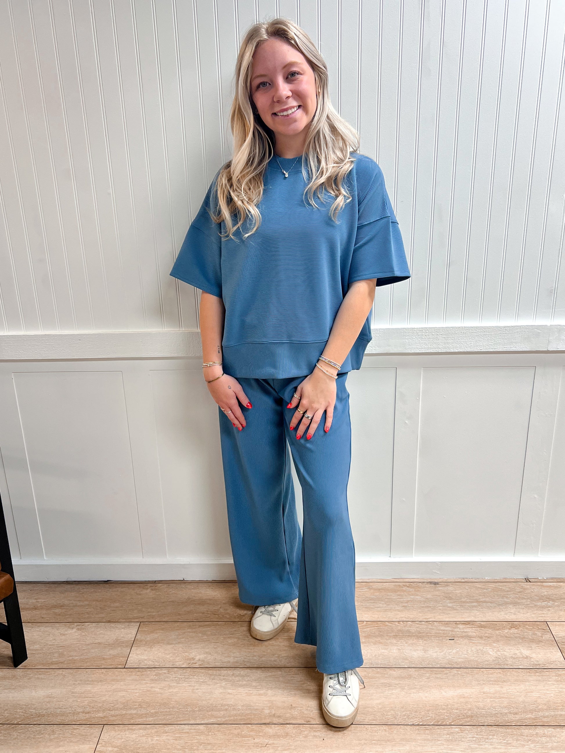 Jovie Ribbed Round Neck Tee & Pants Set – Soft Knit Two-Piece Lounge Outfit - Dusty Blue-Outfit Sets-Zenana-The Twisted Chandelier