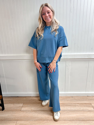 Jovie Ribbed Round Neck Tee & Pants Set – Soft Knit Two-Piece Lounge Outfit - Dusty Blue-Outfit Sets-Zenana-05/07/26,FD 03/12/26,OGP 59.95-The Twisted Chandelier
