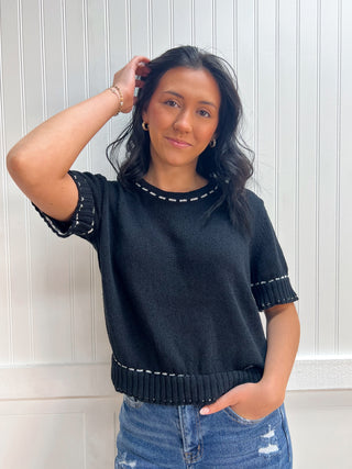 Josie Short Sleeve Round Neck Sweater with Contrast Color Stitch - Black-Shirts & Tops-Active Basic | Active USA-FD 03/31/26,Tops Collection-The Twisted Chandelier