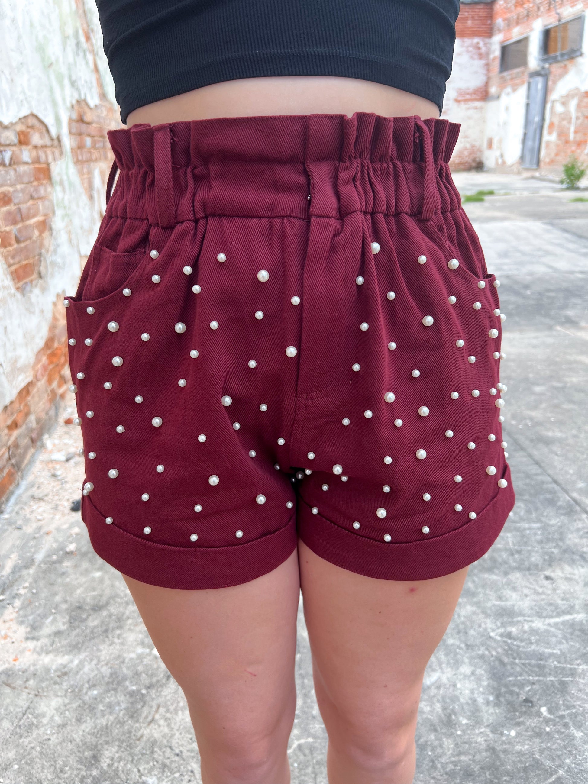 Paper Bag Shorts With Pearl Trim-Shorts-Fantastic Fawn-BIN D4, bottoms, gameday, IFP51932, OGP 57.99-The Twisted Chandelier