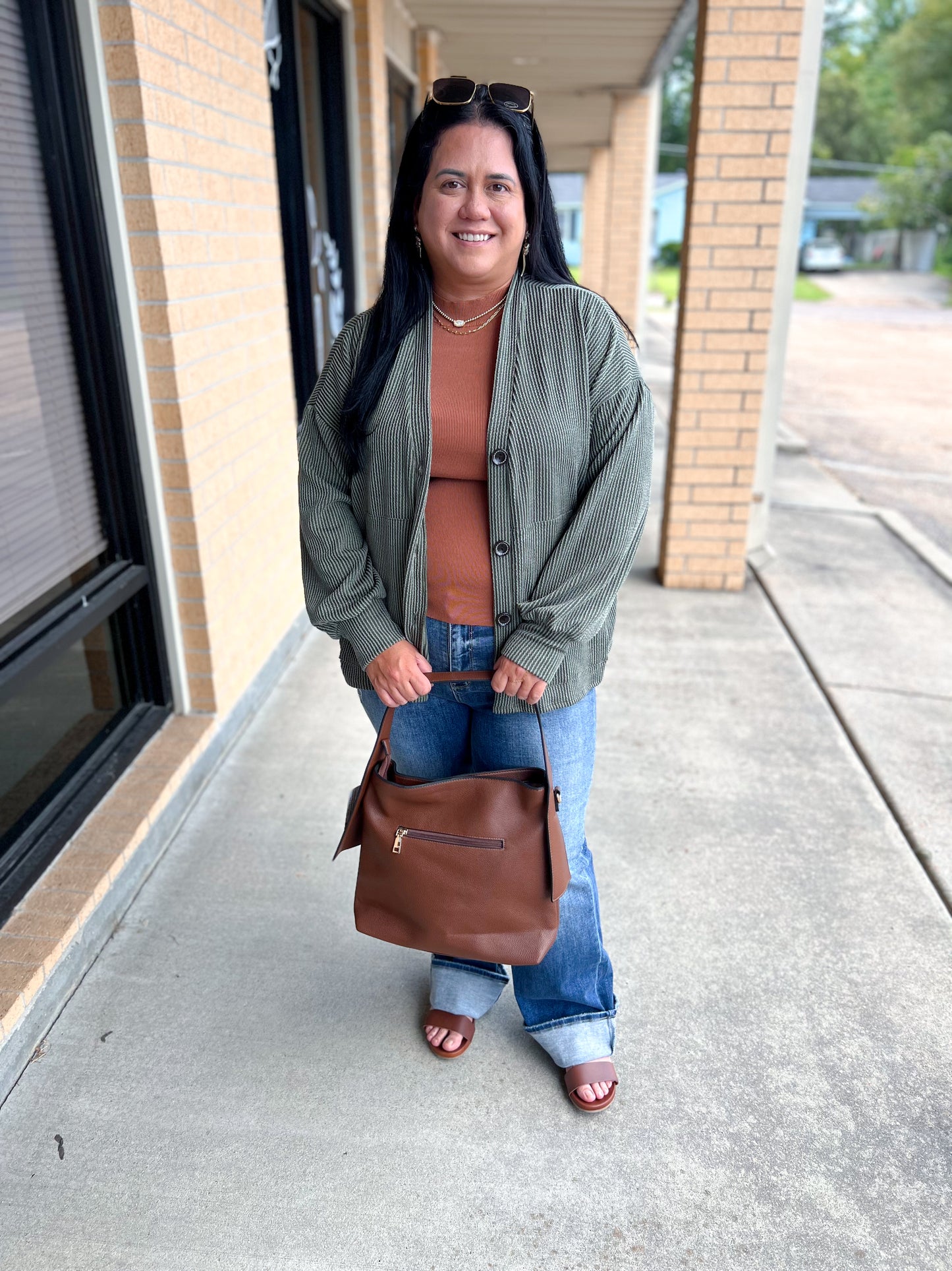 Kate Solid Rib Drop Shoulder Button Balloon Sleeve Cardigan - Olive-7th Ray-Bin a4,FD 09/22/25-The Twisted Chandelier