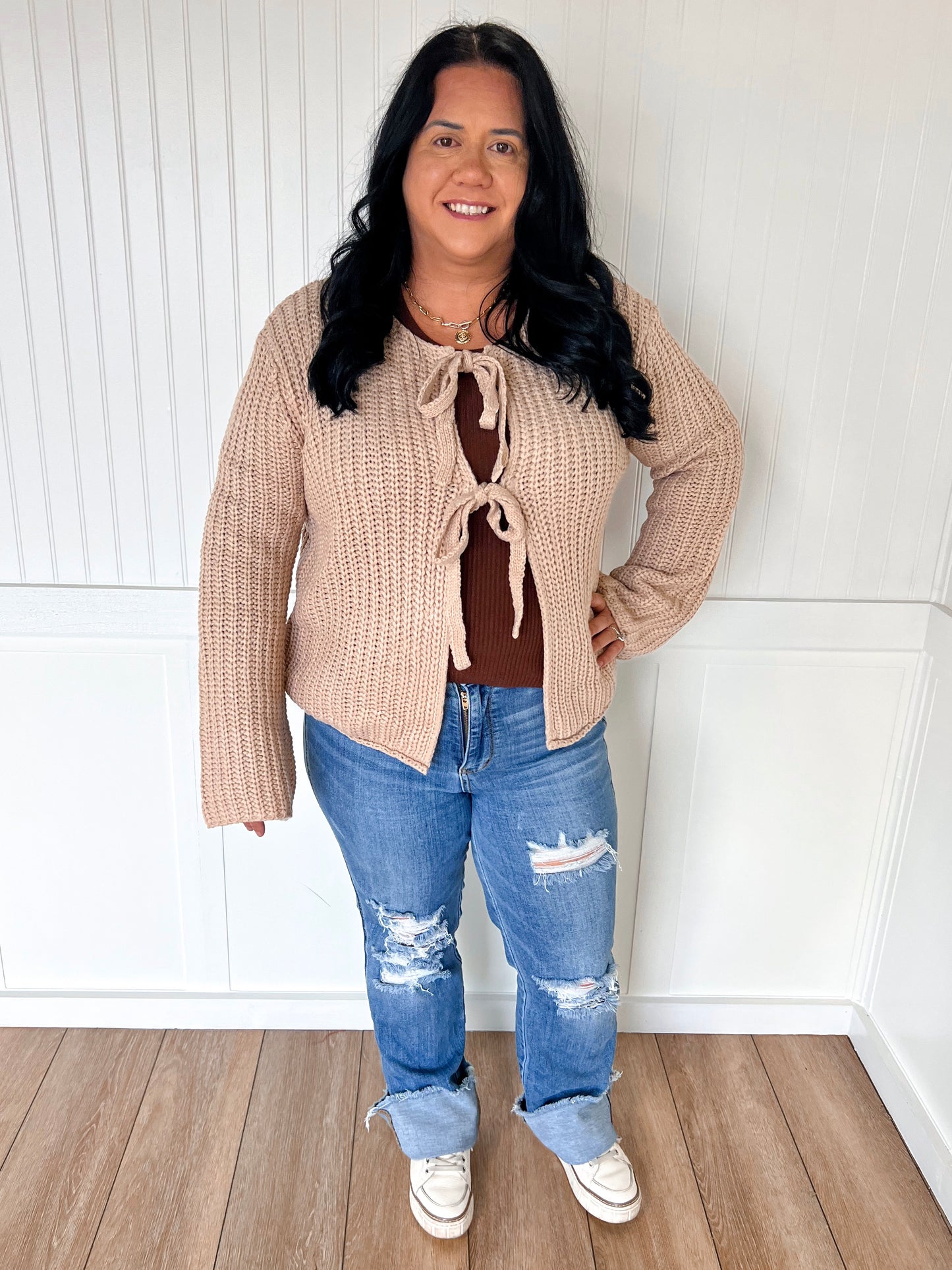 Rowan Neutral Loose Knit Sweater Top with Front Bow Tie Detail-Cardigan-BiBi-FD 11/6/25-The Twisted Chandelier