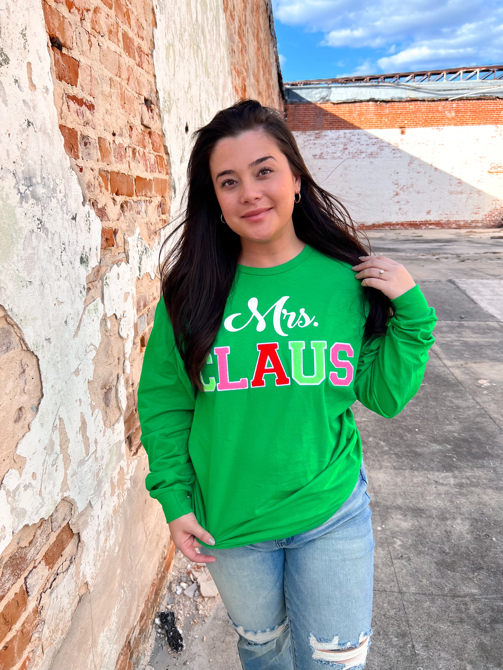 Soft Ideal Chenille Mrs. Claus Long Sleeve T-Shirt-TOPS-Tees2urdoor-BIN D2-The Twisted Chandelier