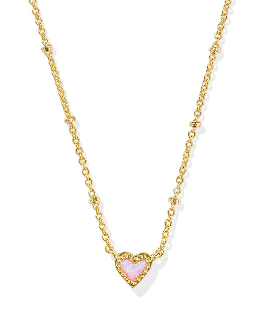 Kendra Scott Mini Ari Heart Satellite Short Pendant Necklace Gold Bubblegum Pink Kyocera Opal-Necklaces-Kendra Scott-CR 09/30/24, FD 10/01/24, N00854GLD-The Twisted Chandelier