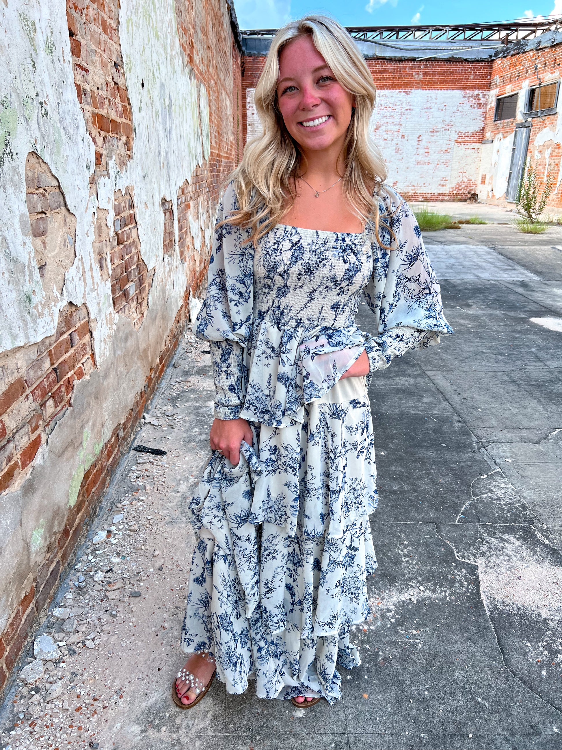 Josephine Floral China Print Long Sleeve Tiered Maxi Dress-Maxi Dress-Entro-Bin d5, CR 08/21/24-The Twisted Chandelier