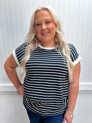 Carly Contrast Trim Cap Sleeve Stripe Tee - Plus - Black-Top-Zenana-FD 07/28/26,Tops Collection-The Twisted Chandelier