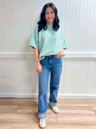 Kinsley Ribbed Round Neck Waist Banded Tee Shirts - Dusty Green-Shirts & Tops-Zenana-FD 03/12/26,Tops Collection-The Twisted Chandelier