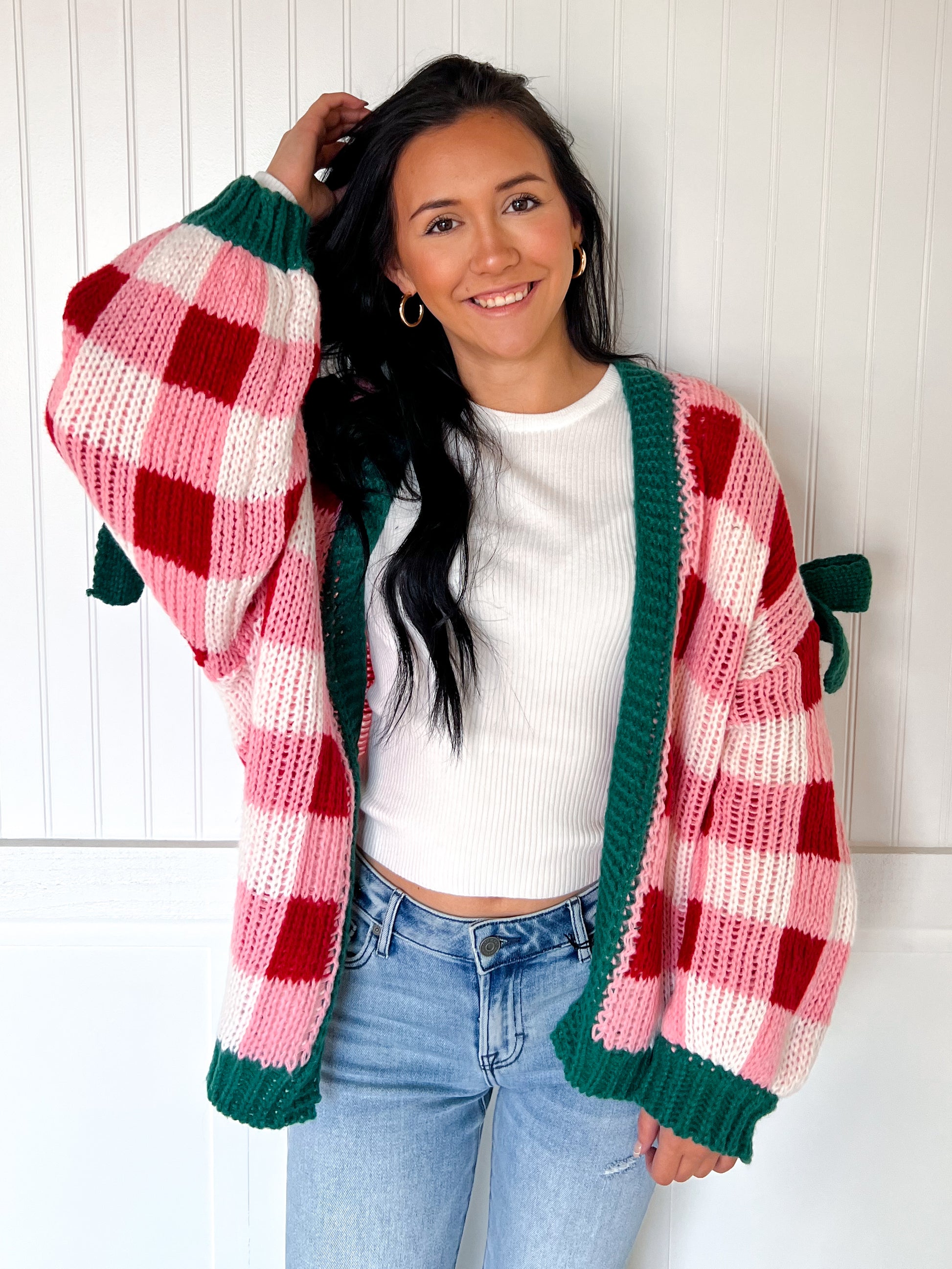 Tinsley Christmas Checkered Open Front Cardigan with Ribbon Sleeve Detail-Cardigan-BiBi-FD 11/6/25-The Twisted Chandelier