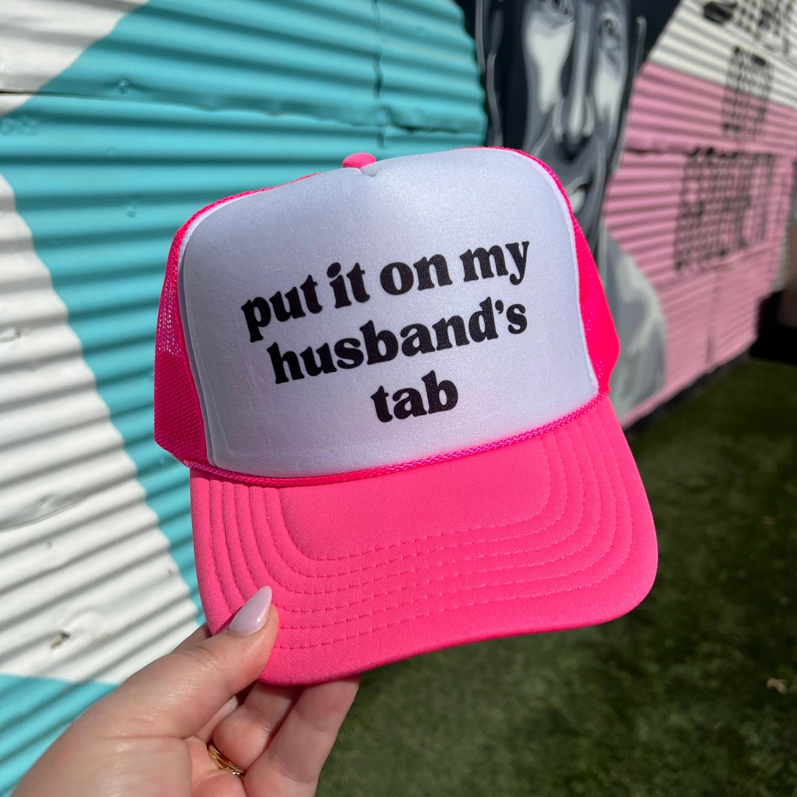 Put it on my Husband’s Tab Snapback Foam Trucker Hat-Trucker Hat-Turquoise & Tequila-CR 04/21/25-The Twisted Chandelier