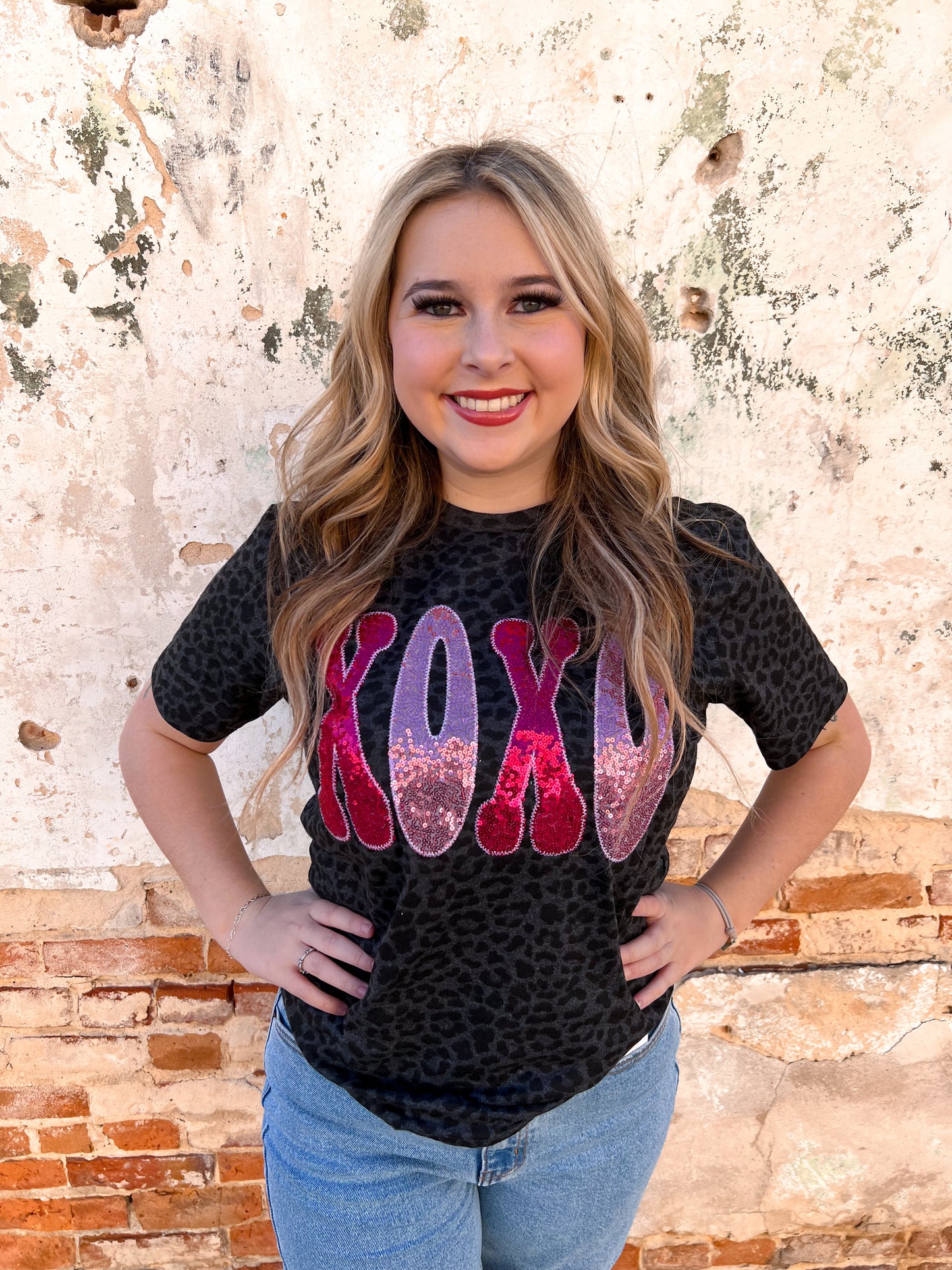 Leopard XOXO Short Sleeve Embroidered Patch Tee-Graphic T-Shirt-Southern Belle Wholesale-Bin C1-The Twisted Chandelier