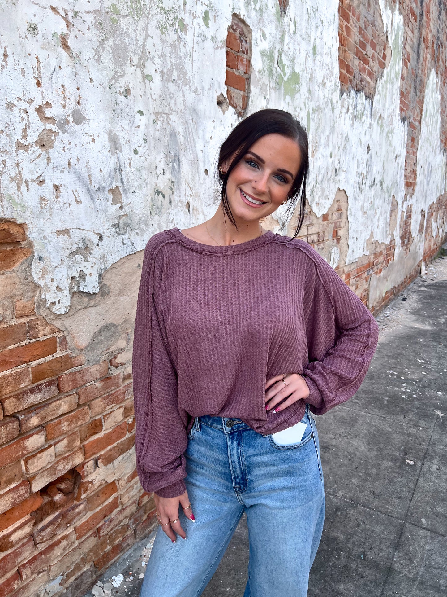 Everly Brushed Waffle Fabric Loose Fit Long Sleeve Top-La Miel-Bin d5,FD 8/5/25,HAT7565,Tops Collection-The Twisted Chandelier