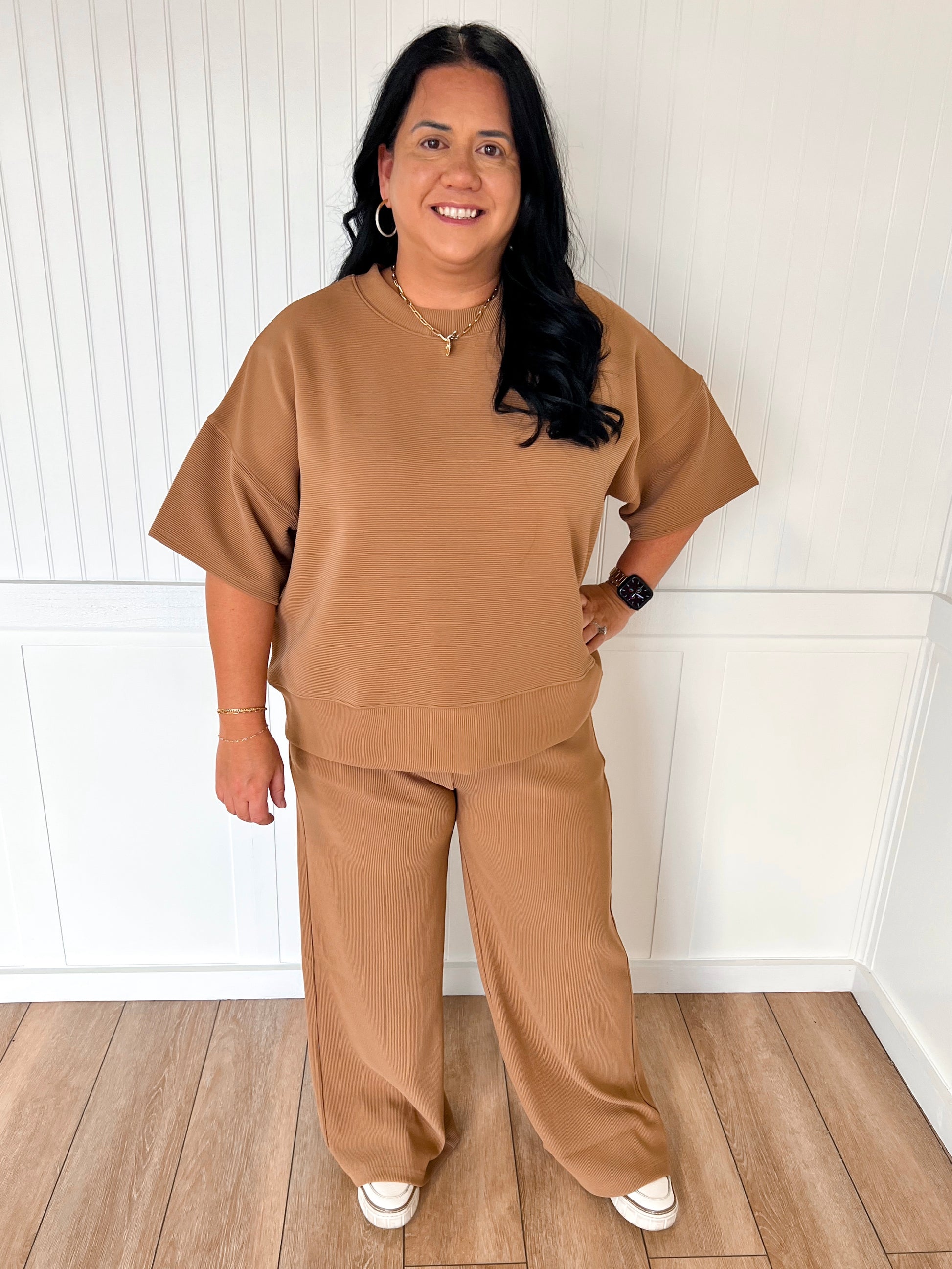 Jovie Ribbed Round Neck Tee & Pants Set – Soft Knit Two-Piece Lounge Outfit - Deep Camel-Outfit Sets-Zenana-FD 11/6/25-The Twisted Chandelier