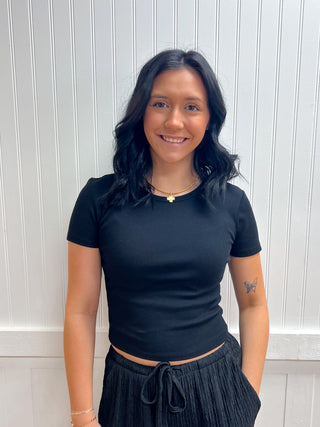 Lola Short Sleeve Crew Neck Cotton Spandex Rib Knit Top-Shirts & Tops-Active Basic | Active USA-FD 02/03/26,restocked 03/30/26,RWB,Tops Collection-Small-Black-The Twisted Chandelier