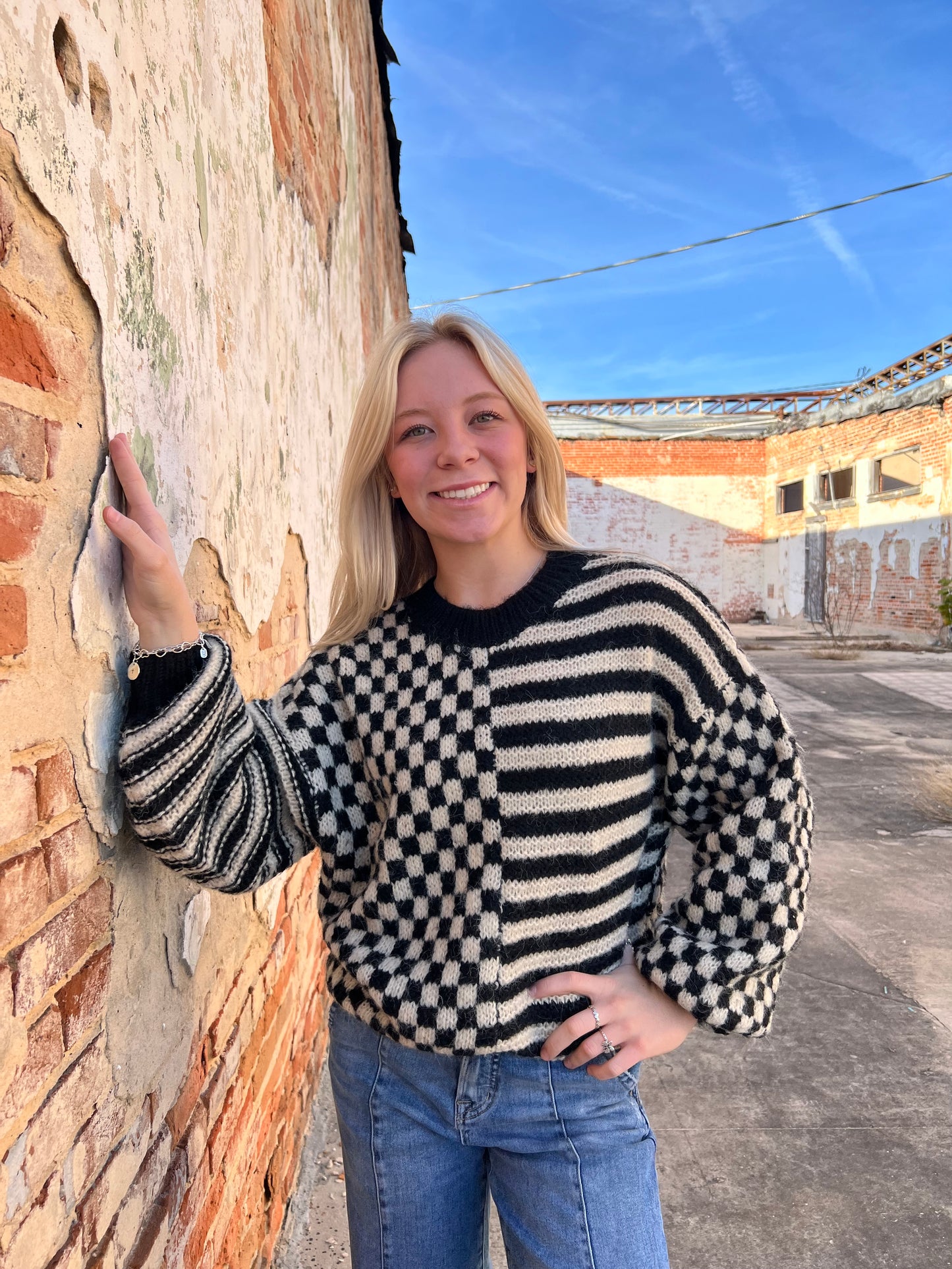 Emma Stripe and Checkered Crewneck Knit Sweater-Sweater-Blu Pepper-FD 12/17/24-The Twisted Chandelier