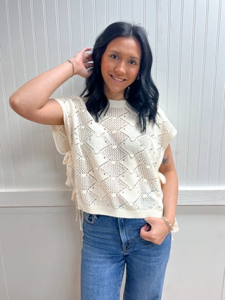 Zara Clip Dot Short Sleeve Side Tie Crochet Sweater-Shirts & Tops-Blu Pepper-FD 03/12/26,Tops Collection-The Twisted Chandelier